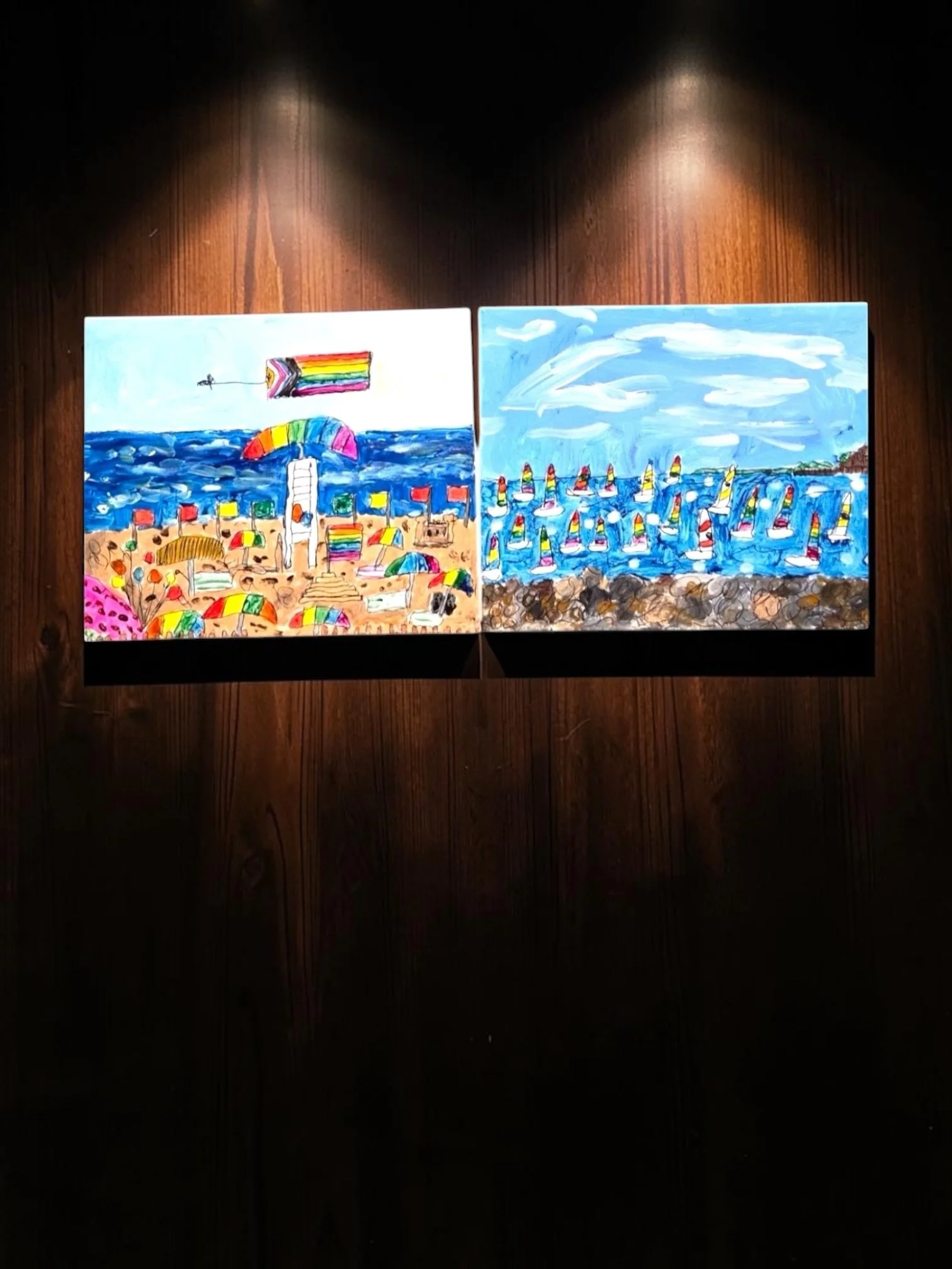 Susan Brown Pair of Colorful Coastal Beach and Sailboat Paintings
Susan Brown Pair of Long Island Coastal Paintings, Great South Bay & Fire Island, 2024
Susan Brown, pair of signed acrylic on canvas paintings depicting Long Island coastal scenes, eac