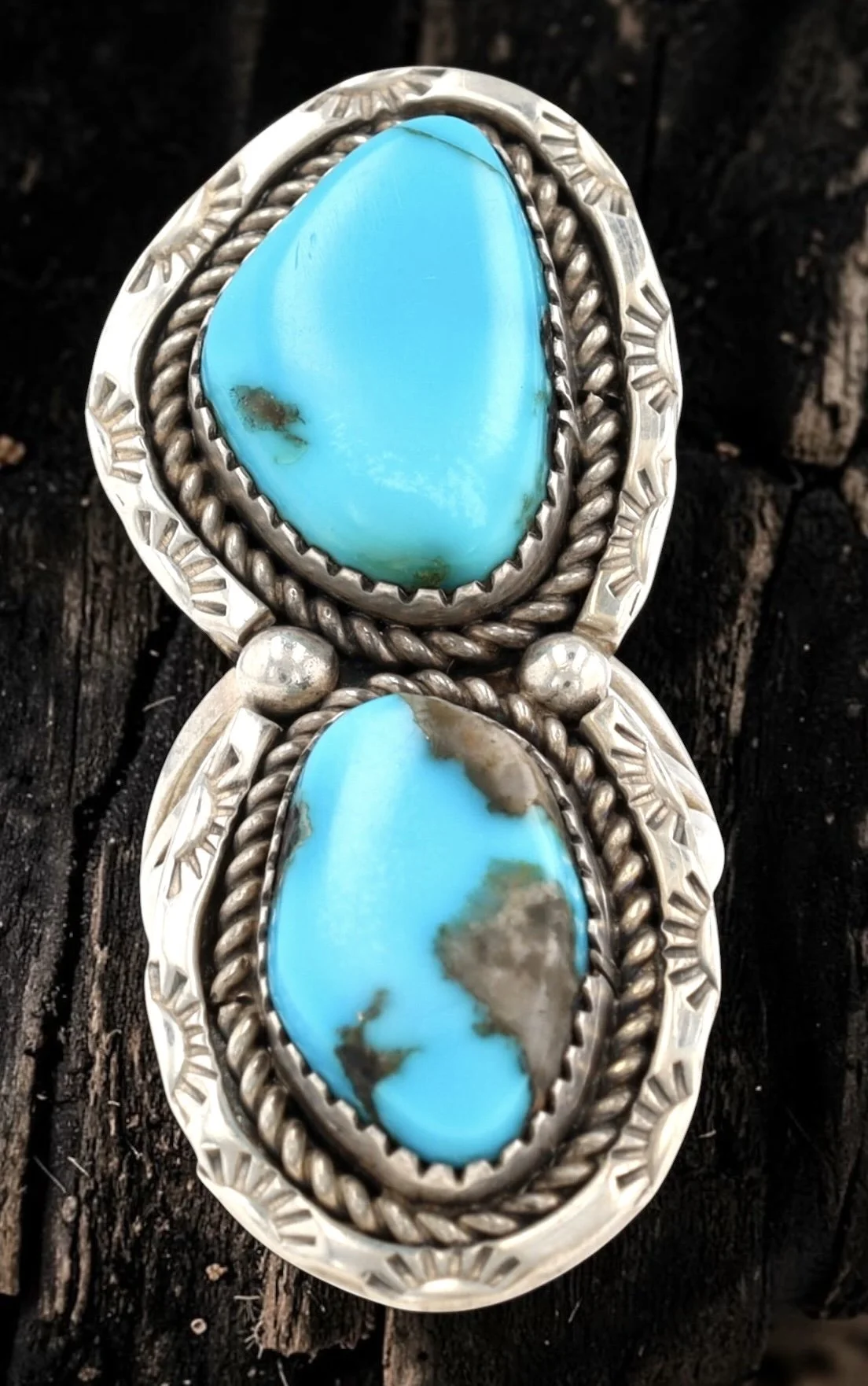 Navajo Unsigned Double Turquoise Cabochon Sterling Silver Ring size 7 Note: stabelized crak at upper apex. From Richardson's Trading Post collection $245