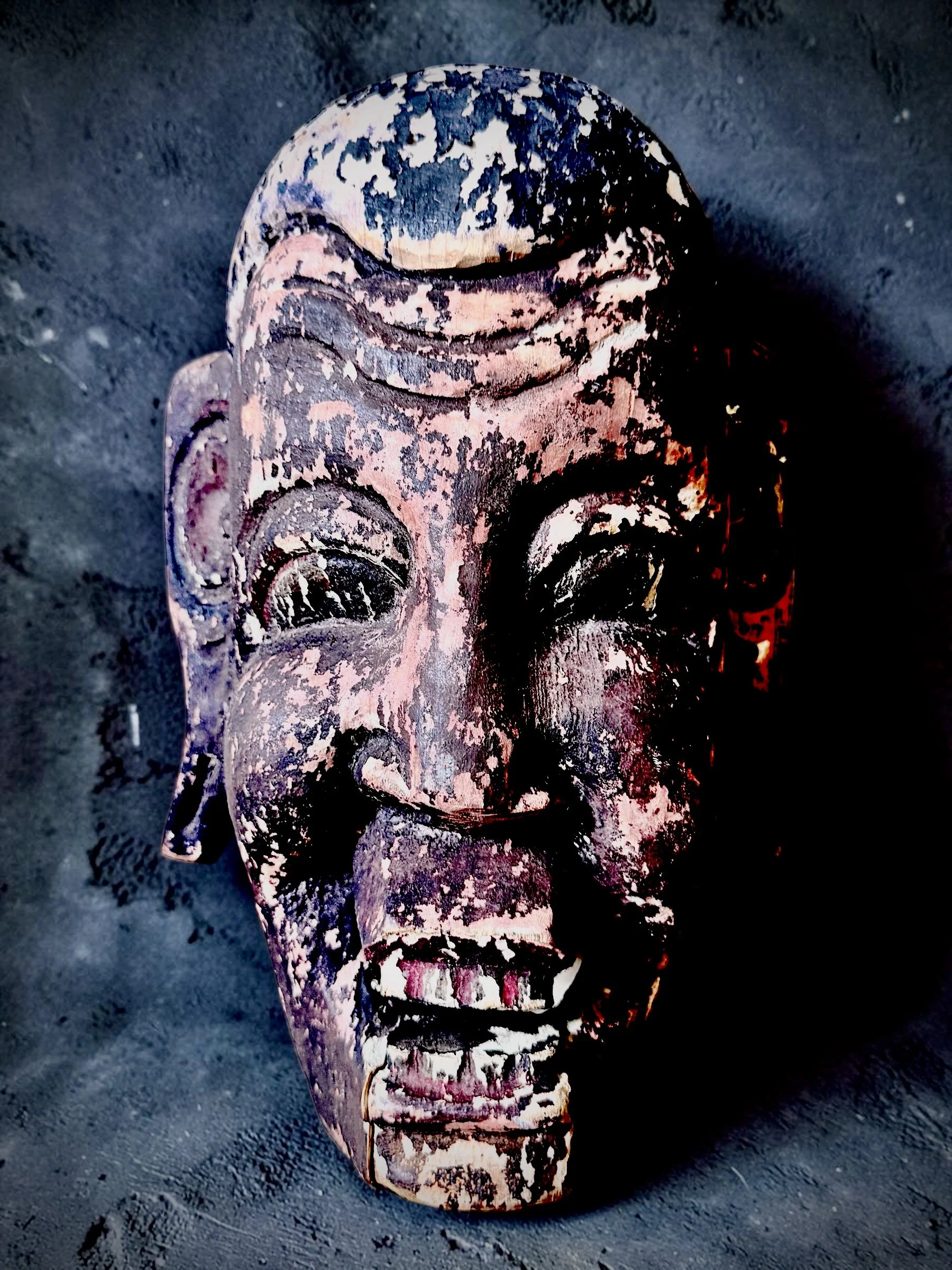 Antique Carved Wood Mask, Helvily Worn Polychrome.