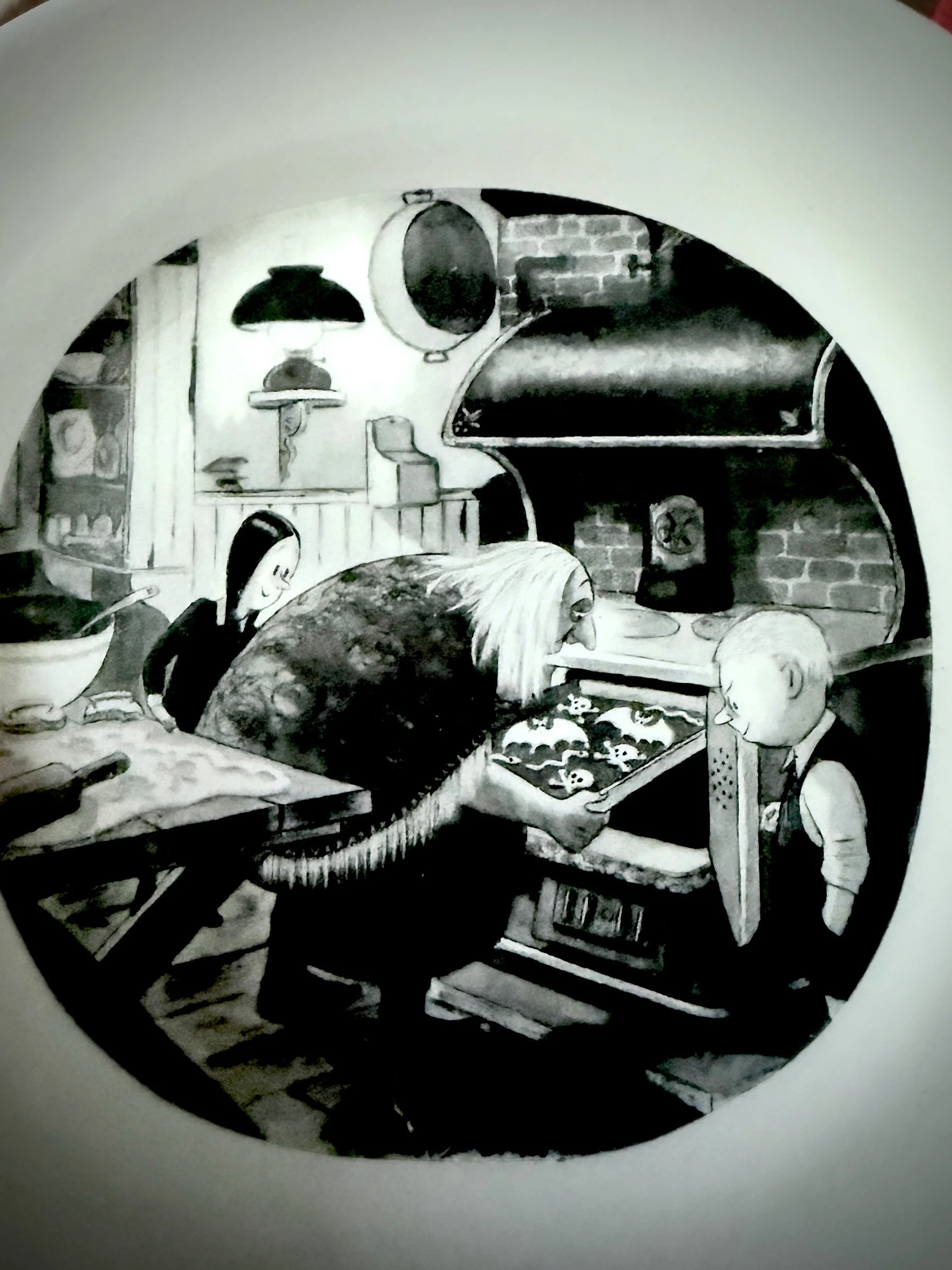 One from the Set of Six — Chas Addams / Milbern NYC, c. 1960s. Each cheese plate features a different original New Yorker cartoon by Charles Addams, printed on fine white china. Signed Chas Addams on each. Complete and intact - $525