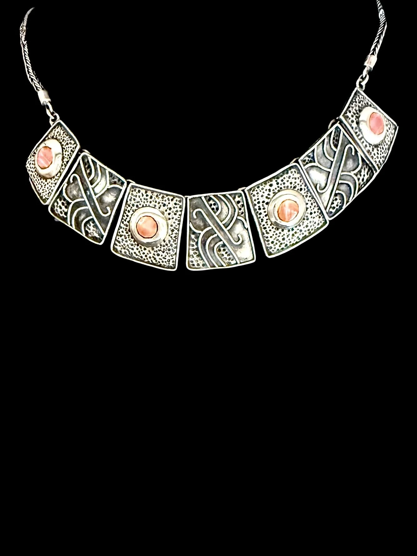 Mexico 950 sterling silver rhodochrosite collar, c. 1970s–80s — $285