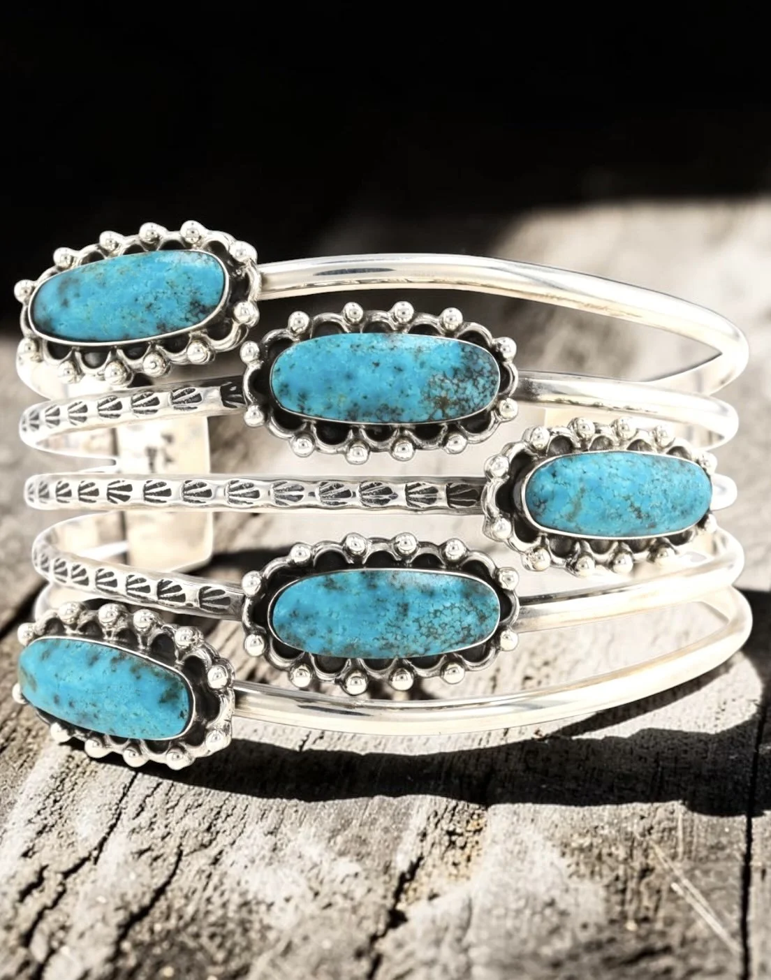 Navajo signed Phyllis A. Smith five stone turquoise sterling silver cuff bracelet. 58g. Fits about 7" wrist with 1" gap. From Richardson's Trading Post collection $525