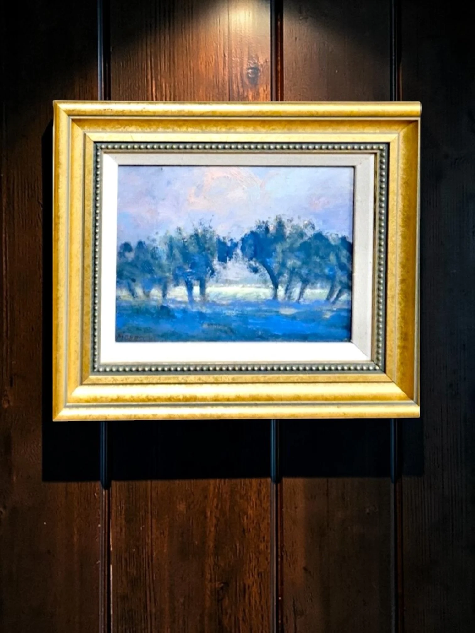 David Moreschi “Trees and Distance,” Oil Painting, 2006
David Moreschi, signed “MORESCHI” lower left, titled “Trees and Distance,” dated 2006, small atmospheric landscape in blue, white and green tones, artwork approximately 6 × 8 in., framed approxi