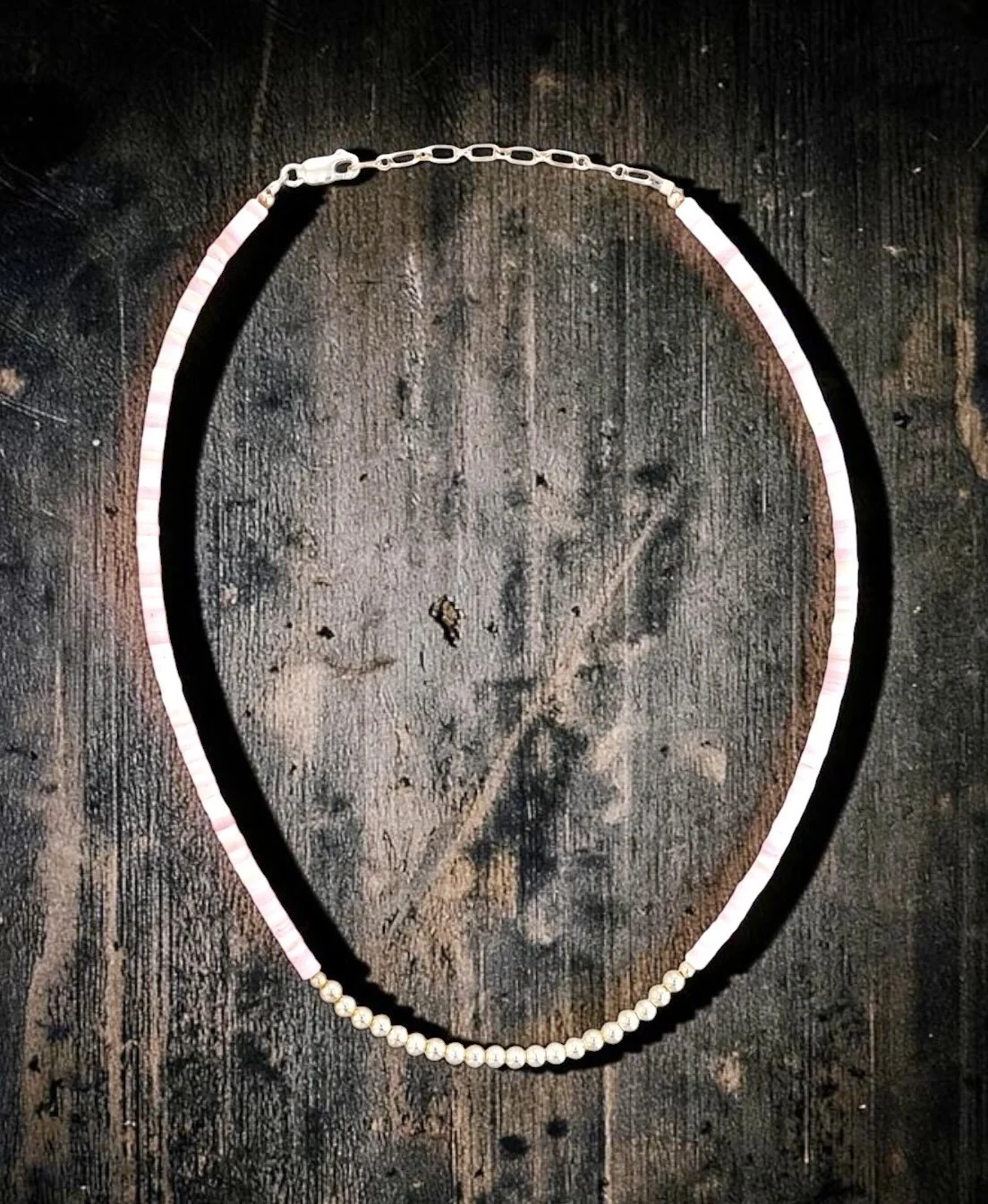 Southwestern Unsigned Pink Conch Shell Heishi and Sterling Silver Bench Bead Necklace. 18" From Richardson's Trading Post collection $165