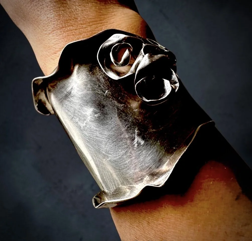 Vintage Sterling Silver Wide Cuff, Dimensional Formed Roses. Signed MCosi $525 from private collector's collection