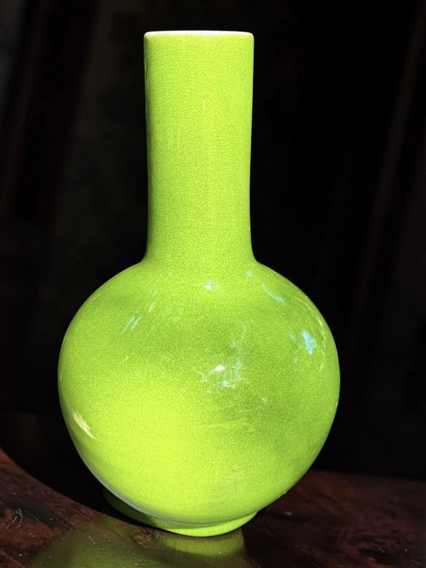 Chinese Lime Green Crackle-Glazed Tianqiuping Vase, Apocryphal Qianlong Mark, 20th Century, 14.25" x 9"