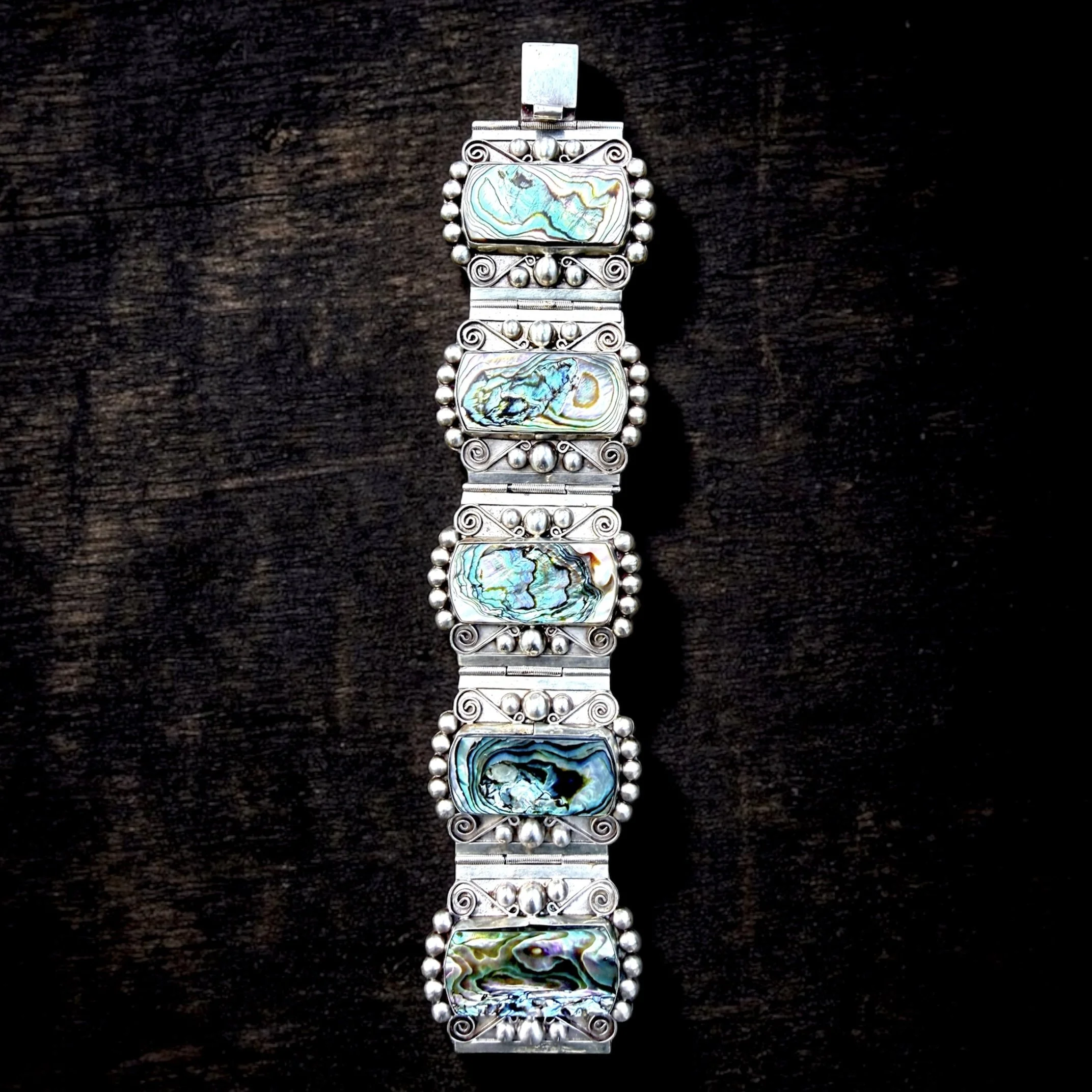 Mexico sterling silver abalone panel bracelet, eagle mark, five links, c. 1940s–50s — $425
