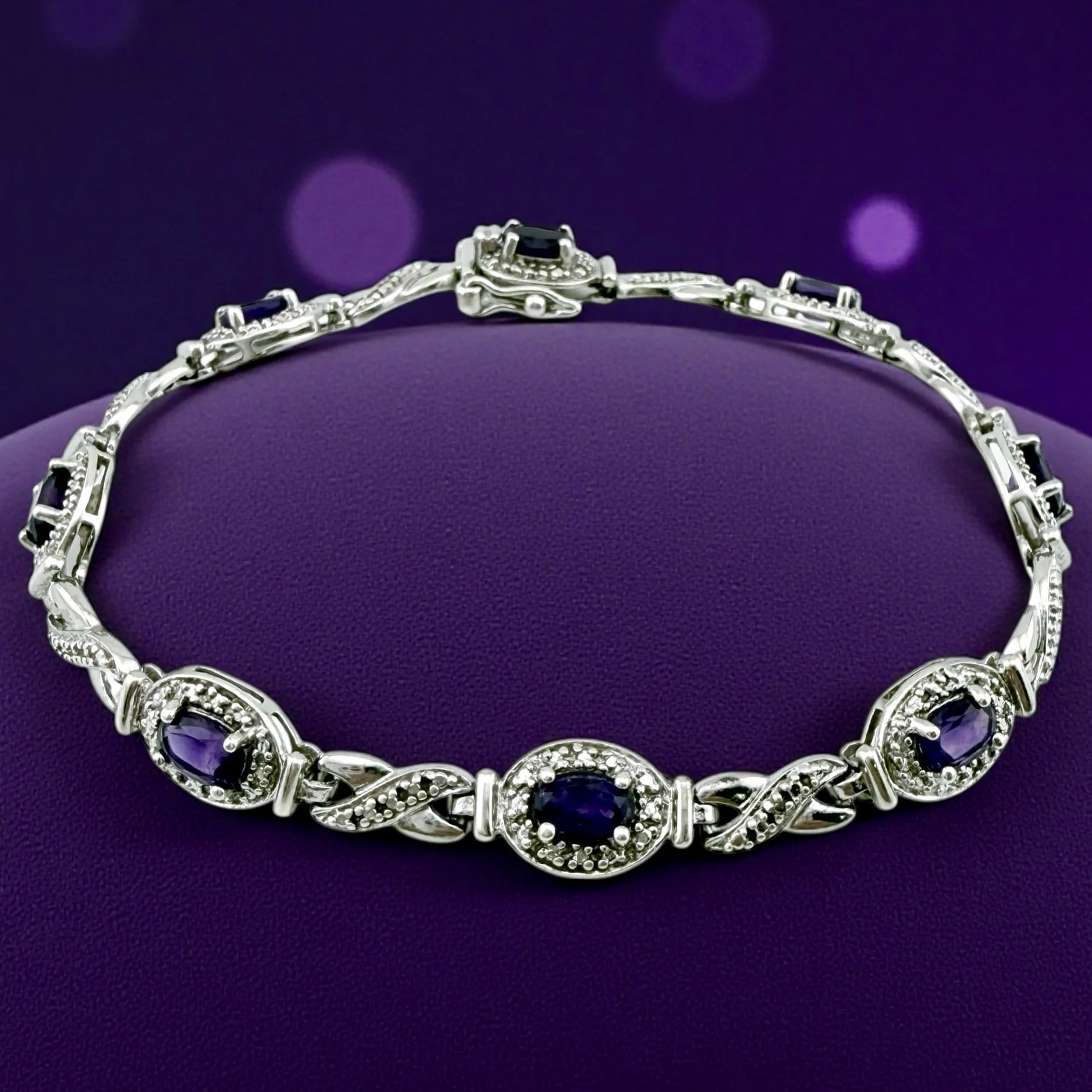 Vintage Amethyst Marcasite Sterling XO Bracelet
