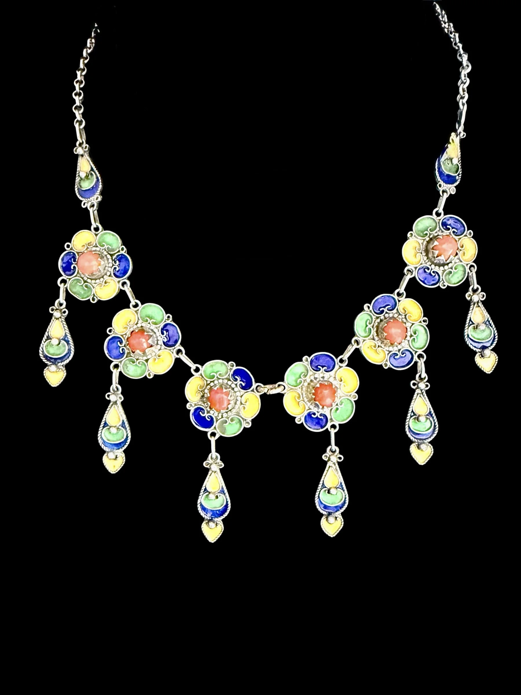 Kabyle Berber silver alloy cloisonné necklace, cobalt, yellow and green enamel, coral, Algeria, mid-20th c. — $525
