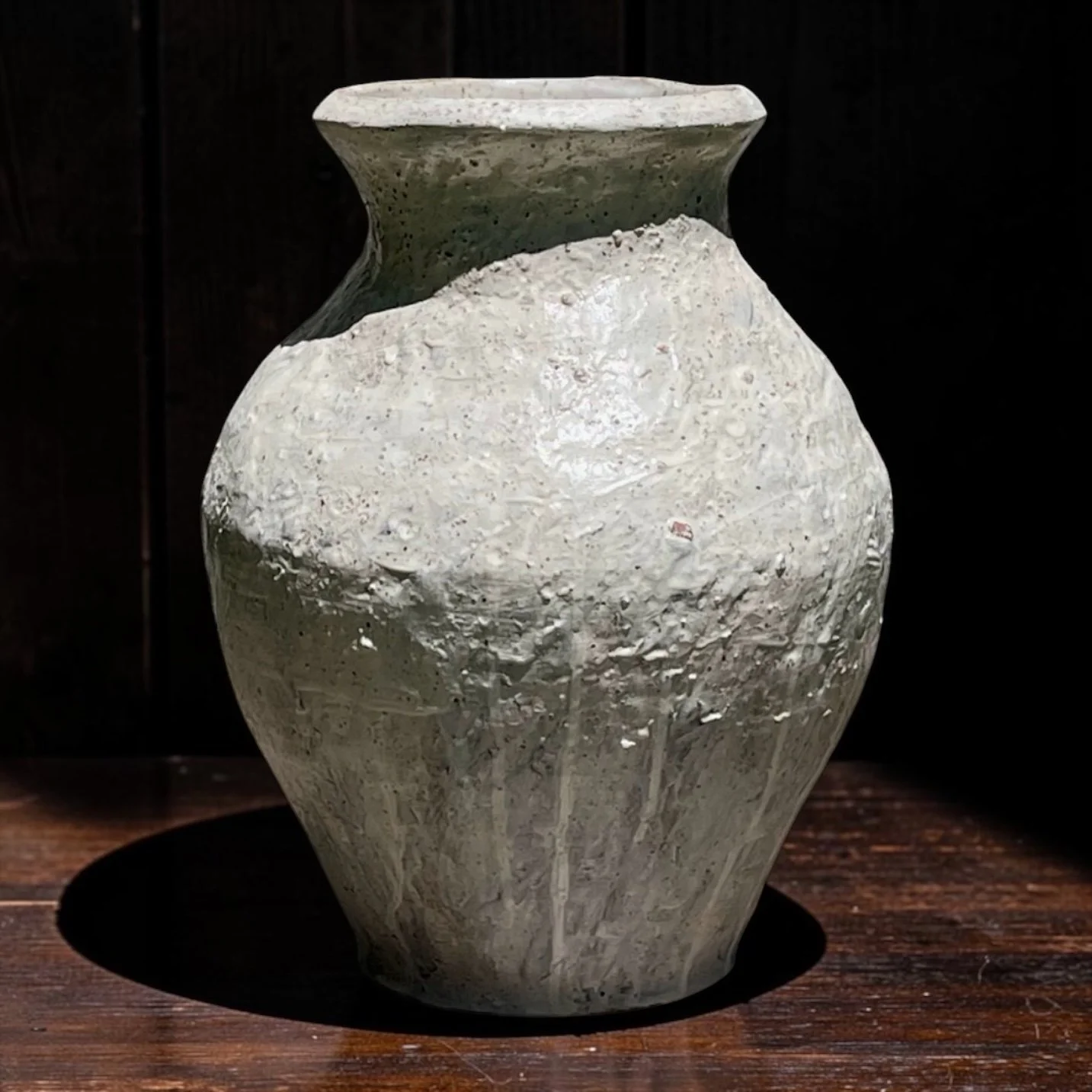 Large weathered white textured surface studio vase, organic form
Signed Sol Kitchen Clay, local artist
2023
Stoneware, slip made with natural materials.  14" h. Excellent condition. 