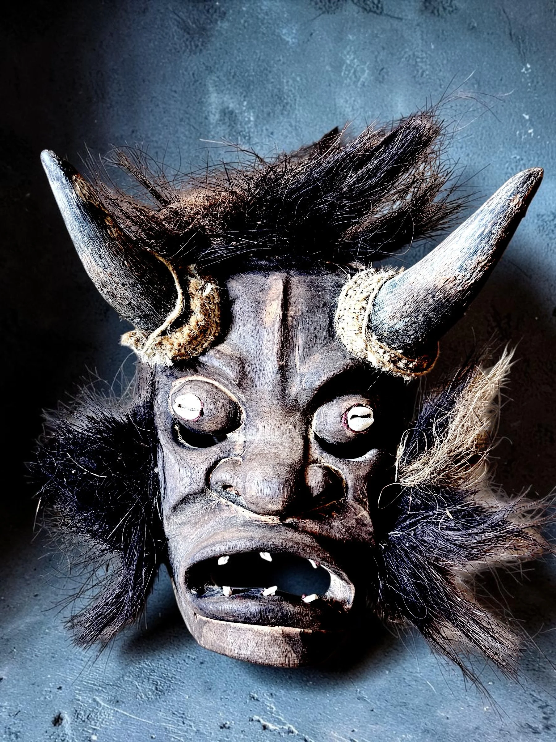 Wood Diablo Mask 2, Natural Horns/hair, Cowrie Shell Eyes, Carved teeth. c. Mid-20th century