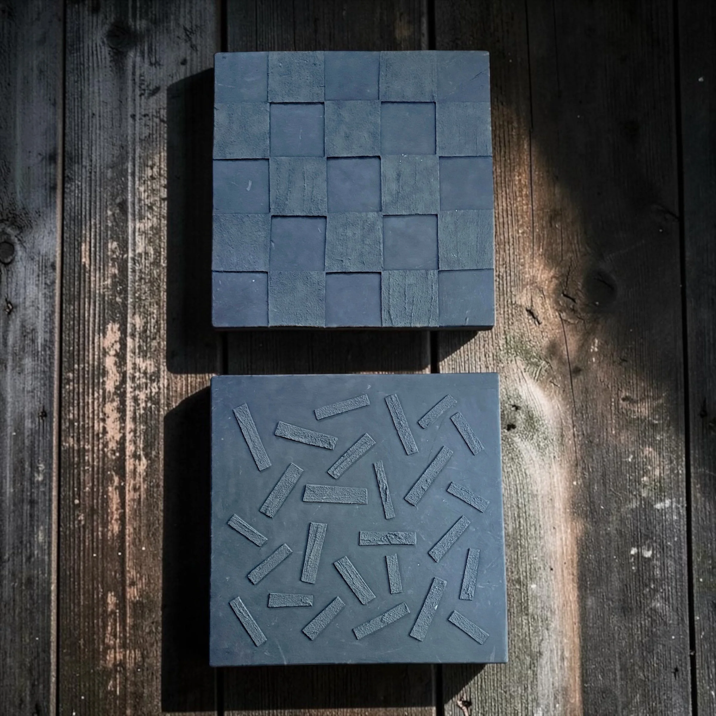 NeIl Devitt Large Abstract Clay Wall Tiles  Hand-built, Smoke Fired, Ready to Hang, 
16.75" square each. Sold as a pair. 
Interior use only, as per the artist. Excellent condition.