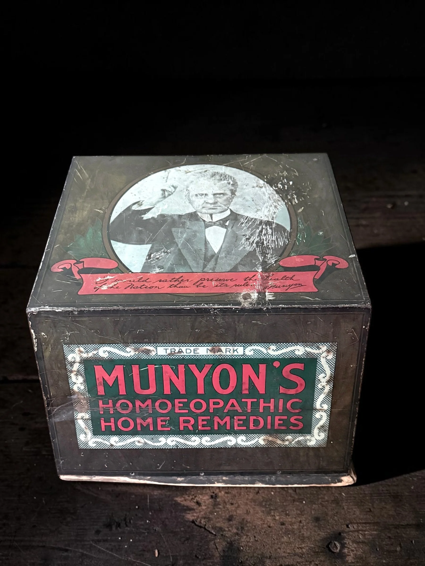 Antique Patent Medicine Munyon's Homeopathic Home Remedies Box, c. 1880s-1920s, "I would rather preserve the health of the Nation than be its ruler." Example is in the Smithsonian Museum. 
