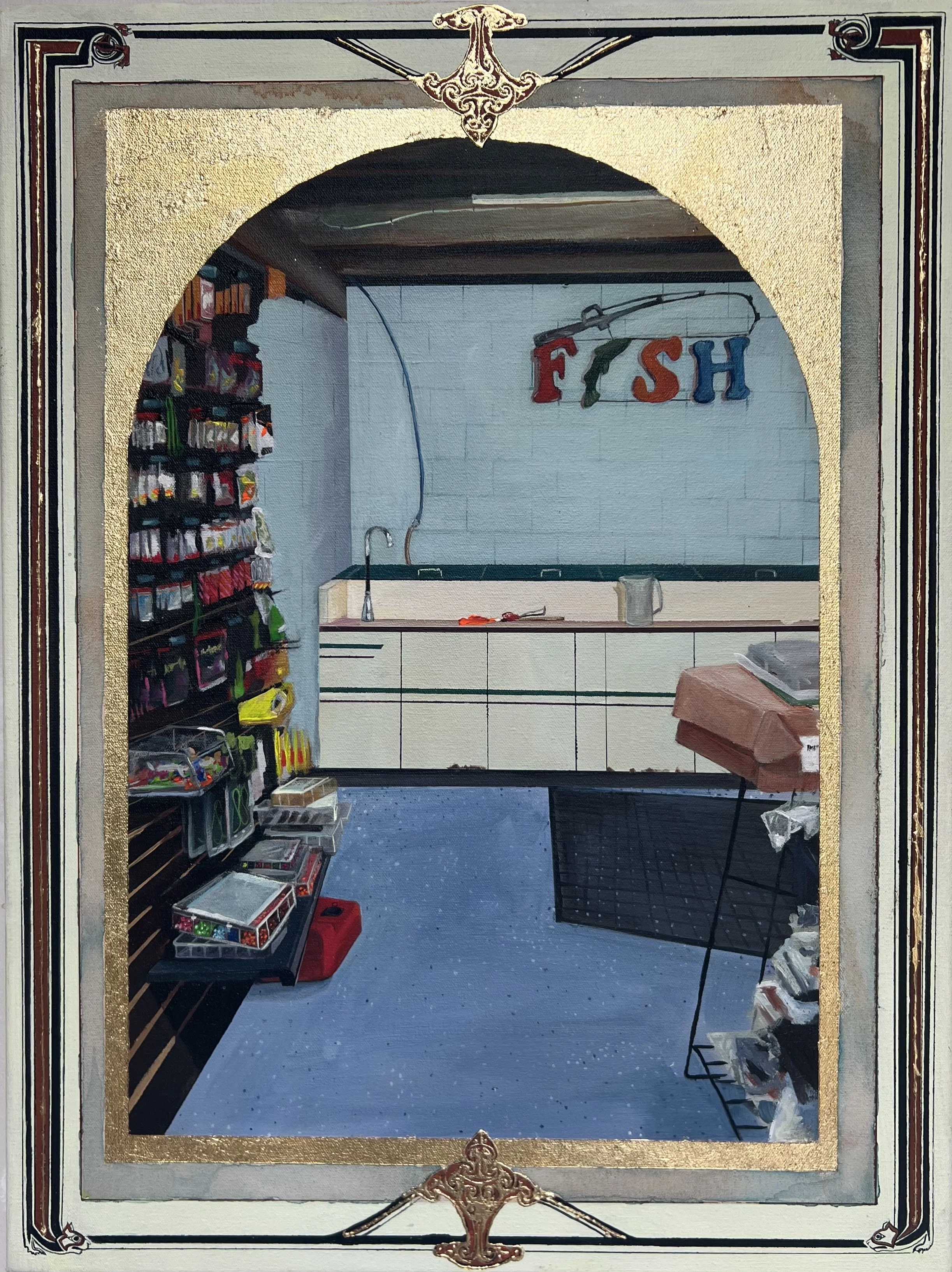 "Bait Shop." Acrylic, watercolor and gold leaf on canvas. 24"x18". 2025.