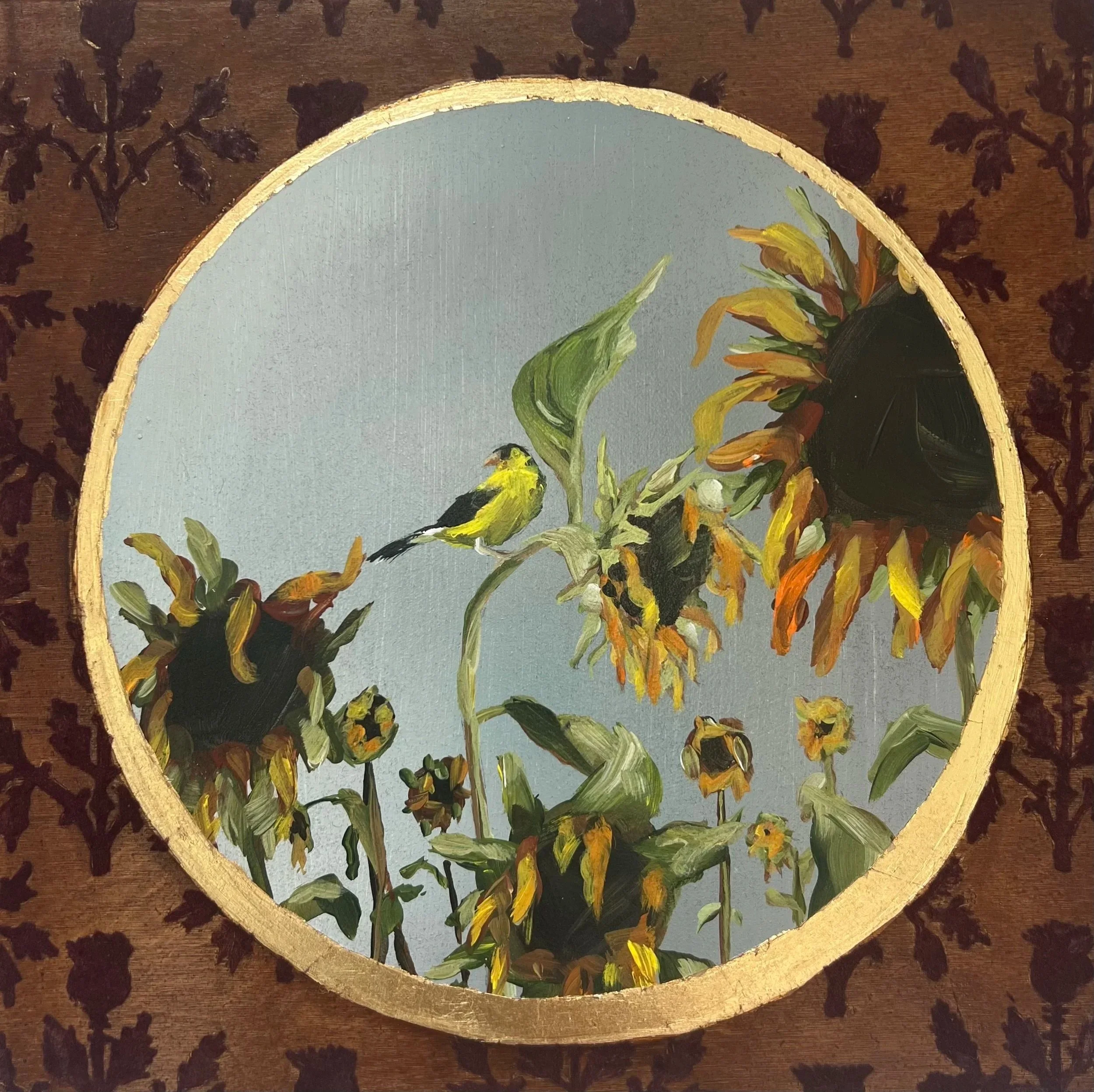 "Fall." Acrylic, flocking and gold leaf on cradled board. 12"x12". 2025