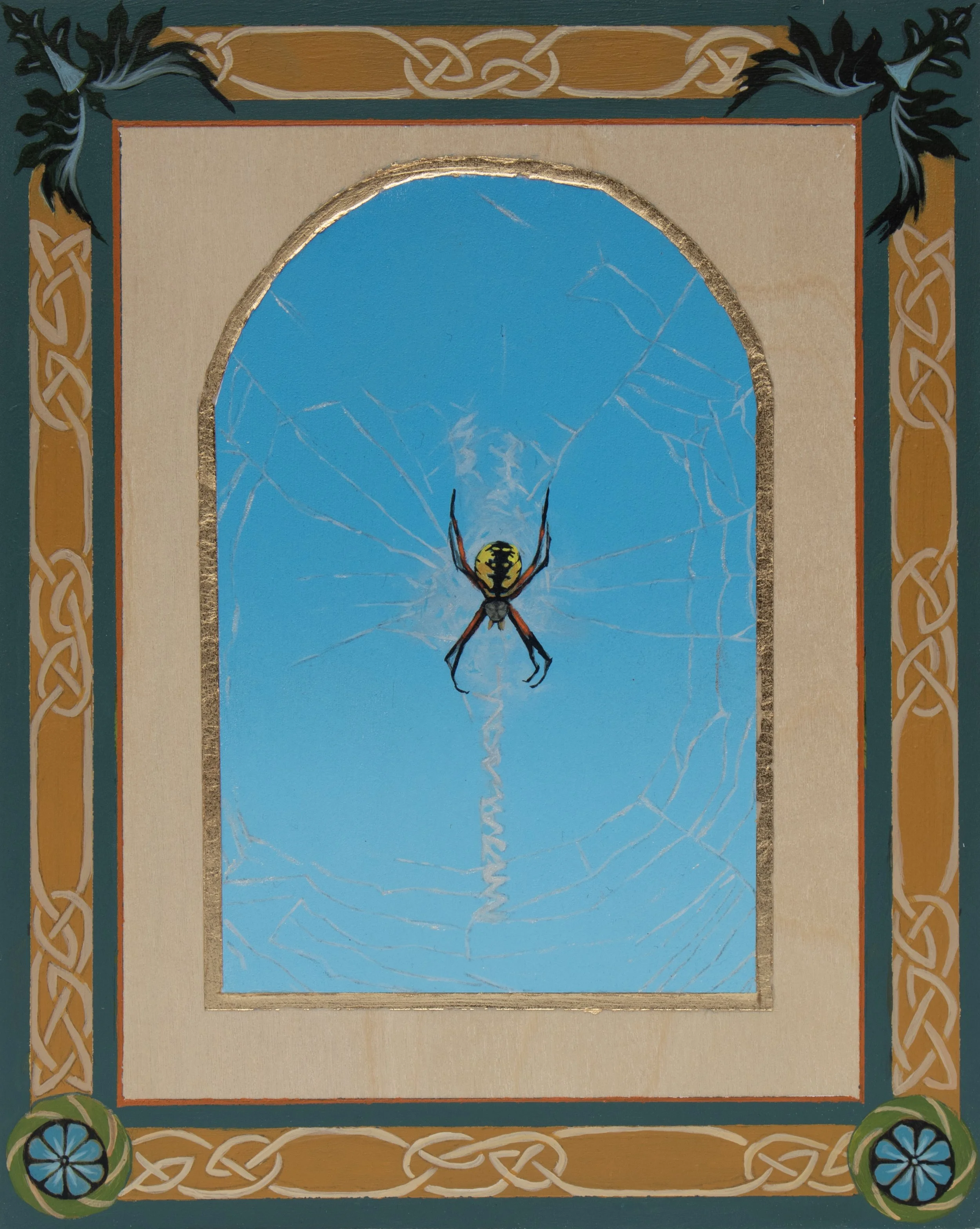 "Orb Weaver." 8"x10". Acrylic and gold leaf on cradled birch board. 2025.