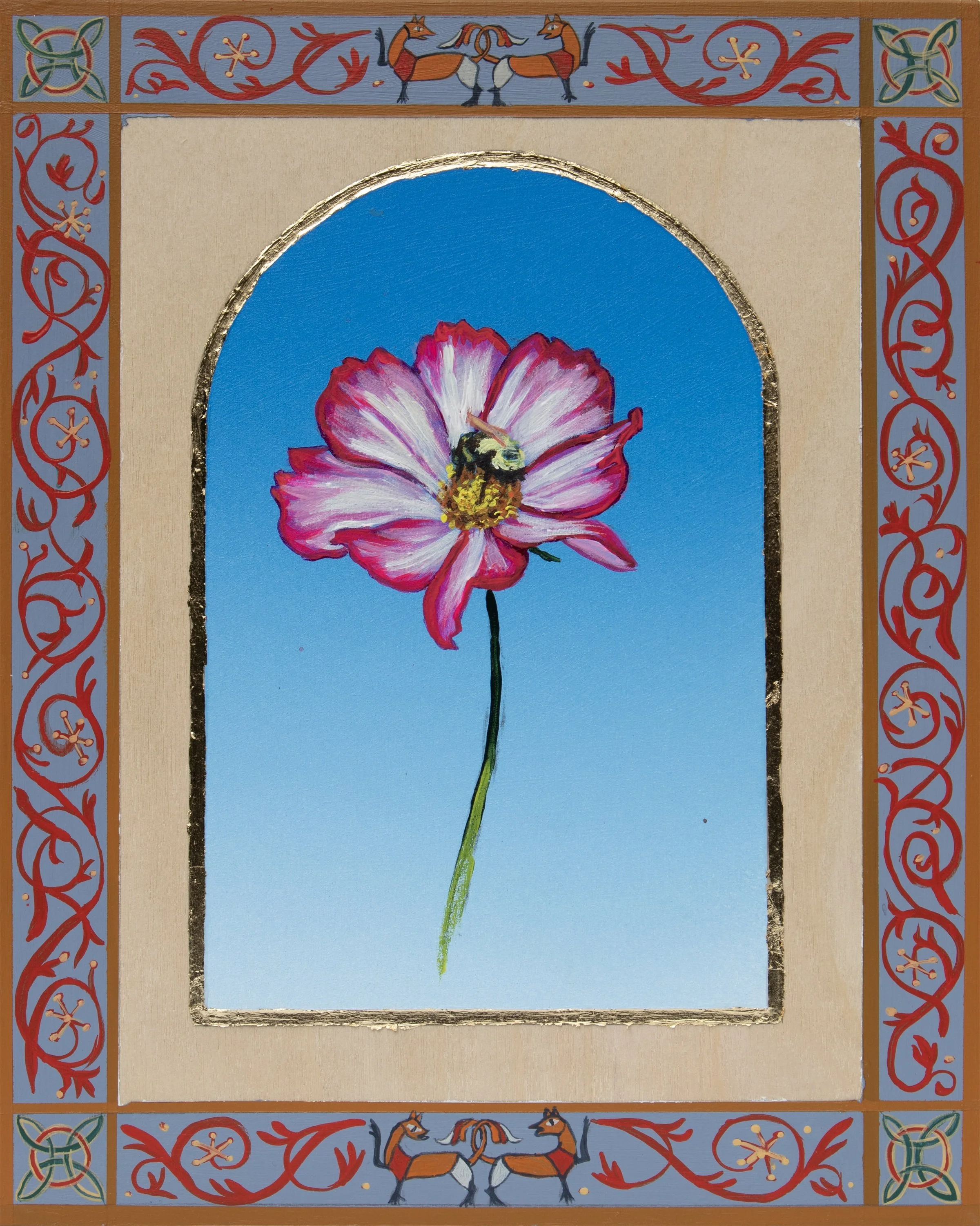 "Pollinator." 8"x10". Acrylic and gold leaf on cradled birch board. 2025.