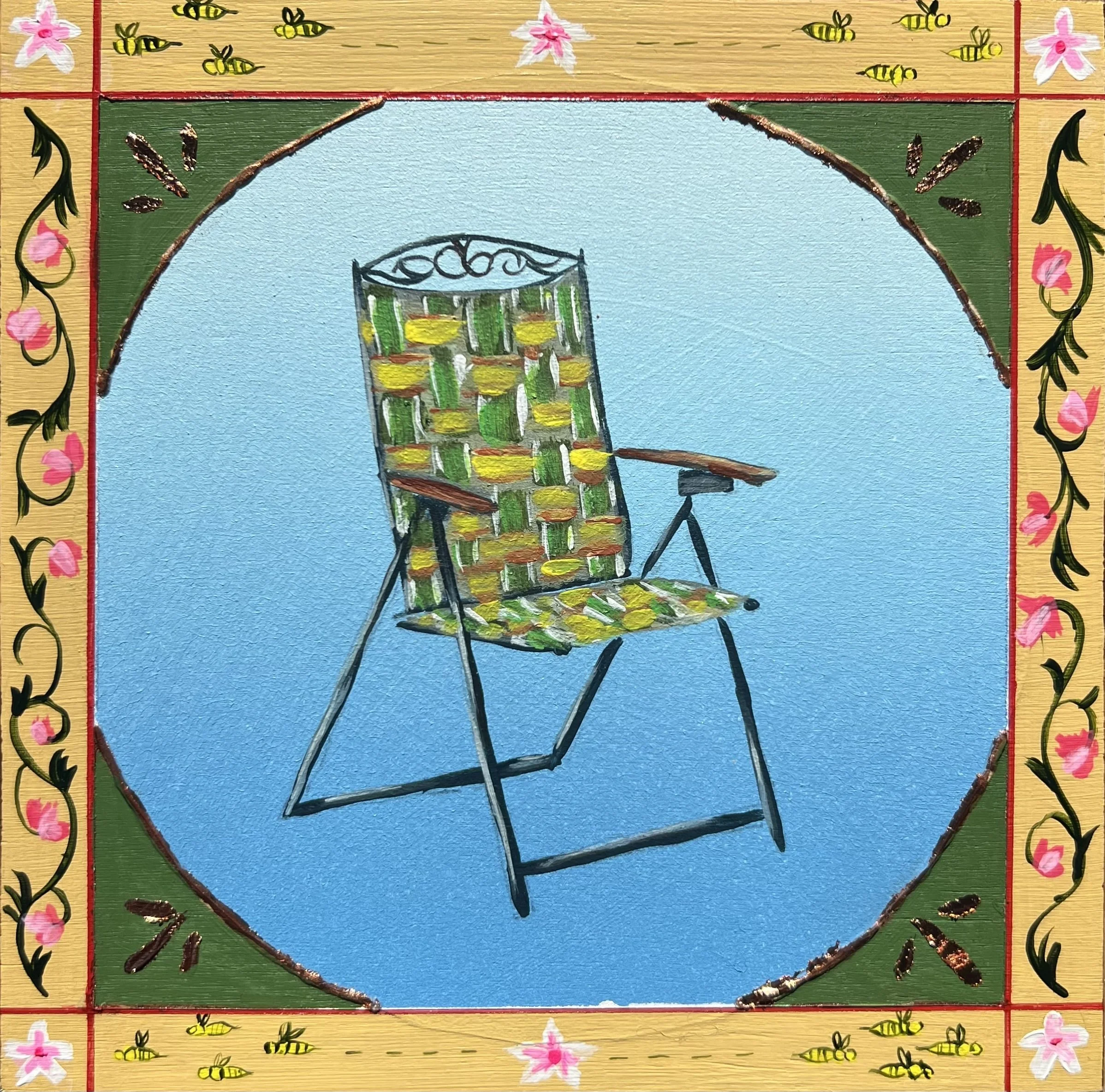 Lawn Chair. Acrylic and bronze leaf on cradled board. 8"x8". 2025.