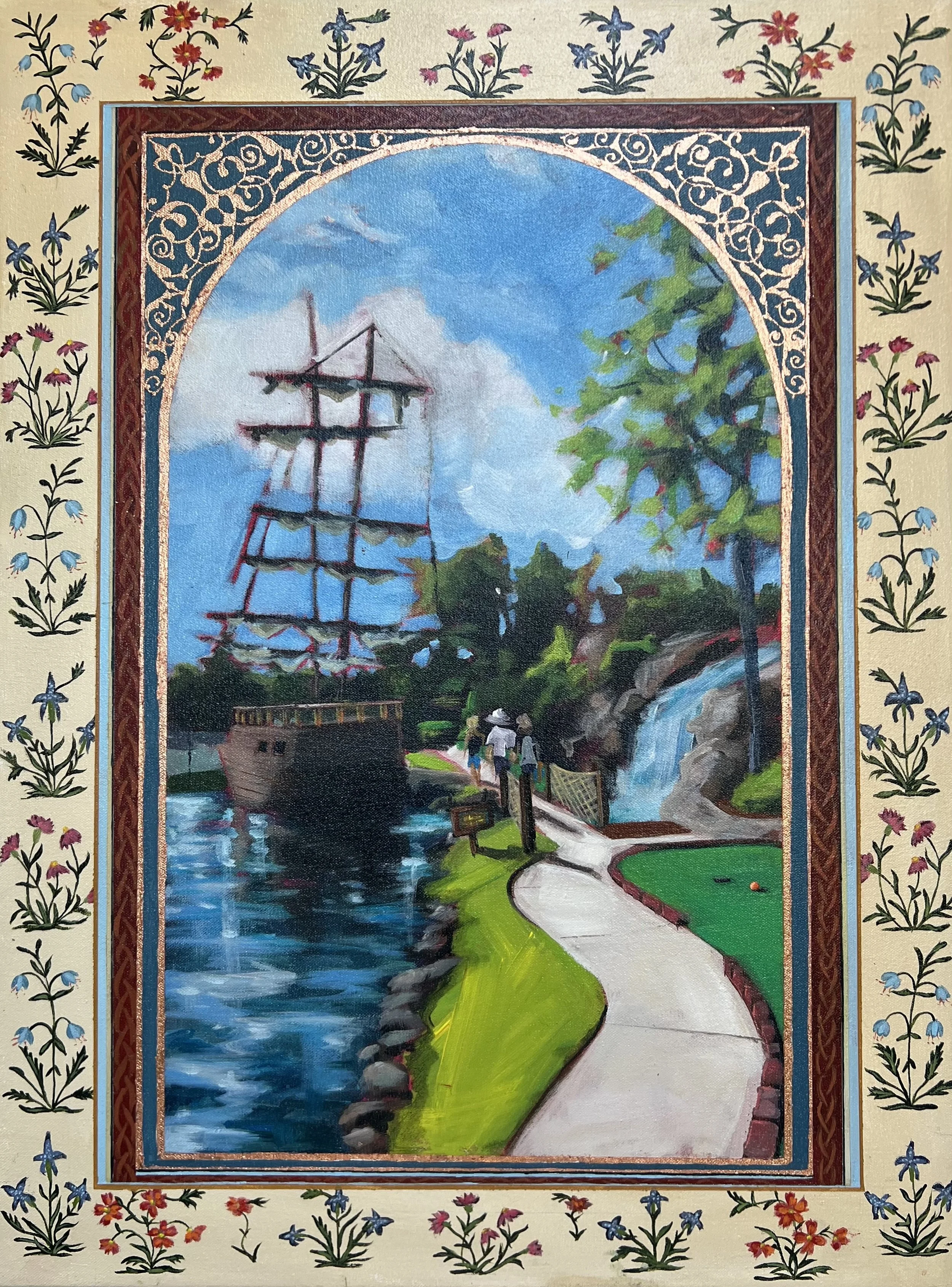 "Pirate's Cove Mini Golf." Acrylic and bronze leaf on canvas.  18"x24." 2025.