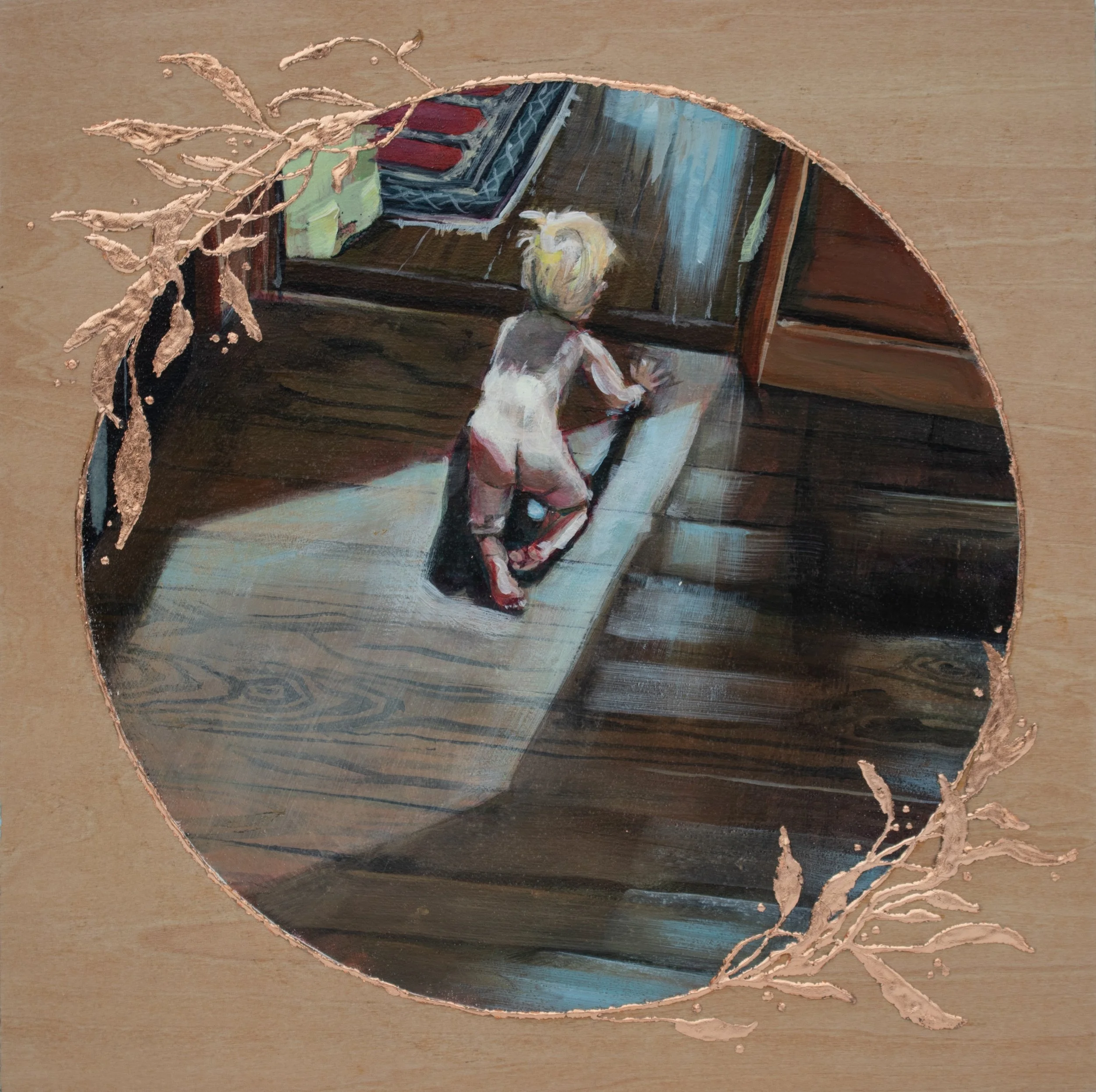 Sylvie. 10"x10" Acrylic and bronze leaf on cradled board. 2025.