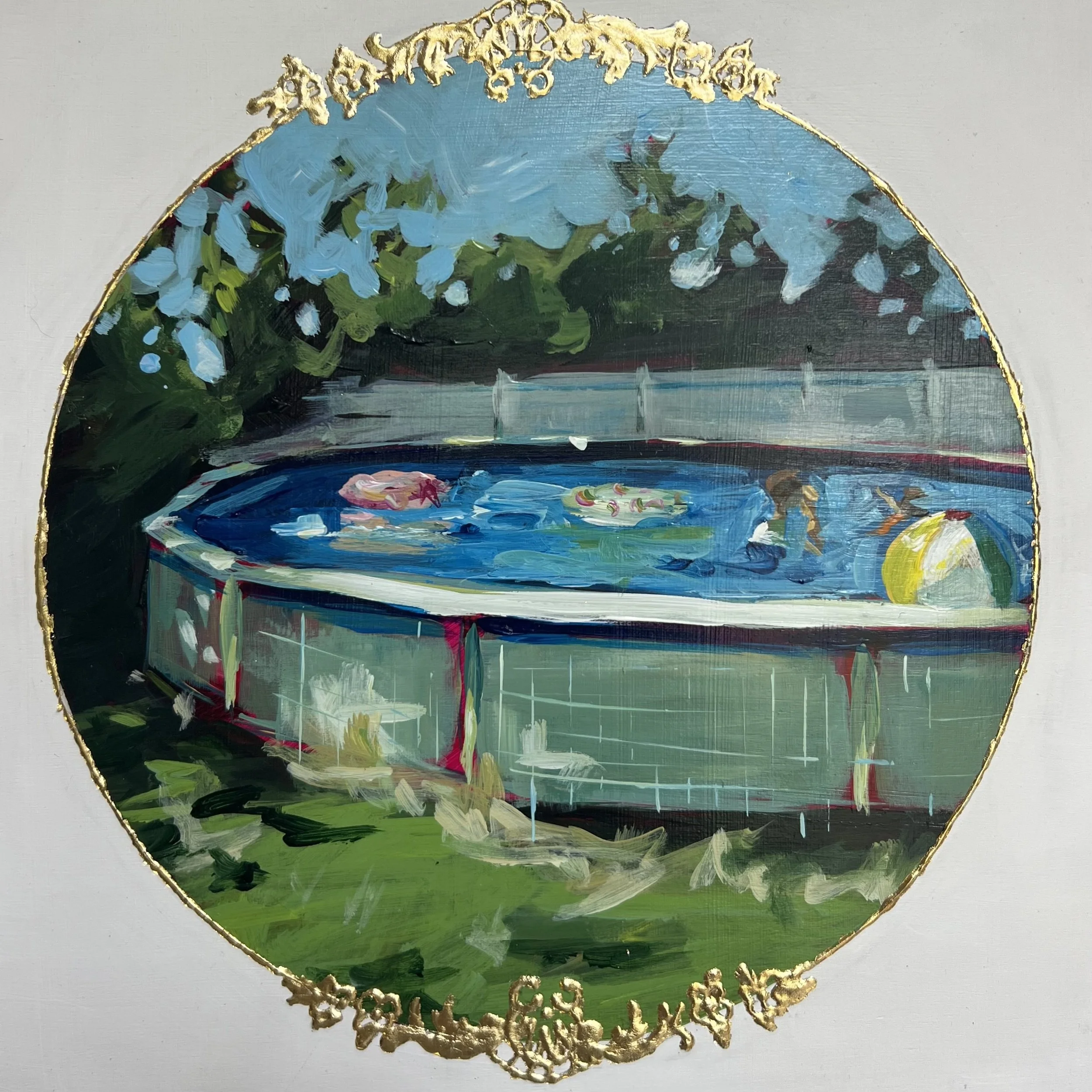 "Backyard Pool Party." 10"x10". Acrylic and gold leaf on cradled birch board. 2025.