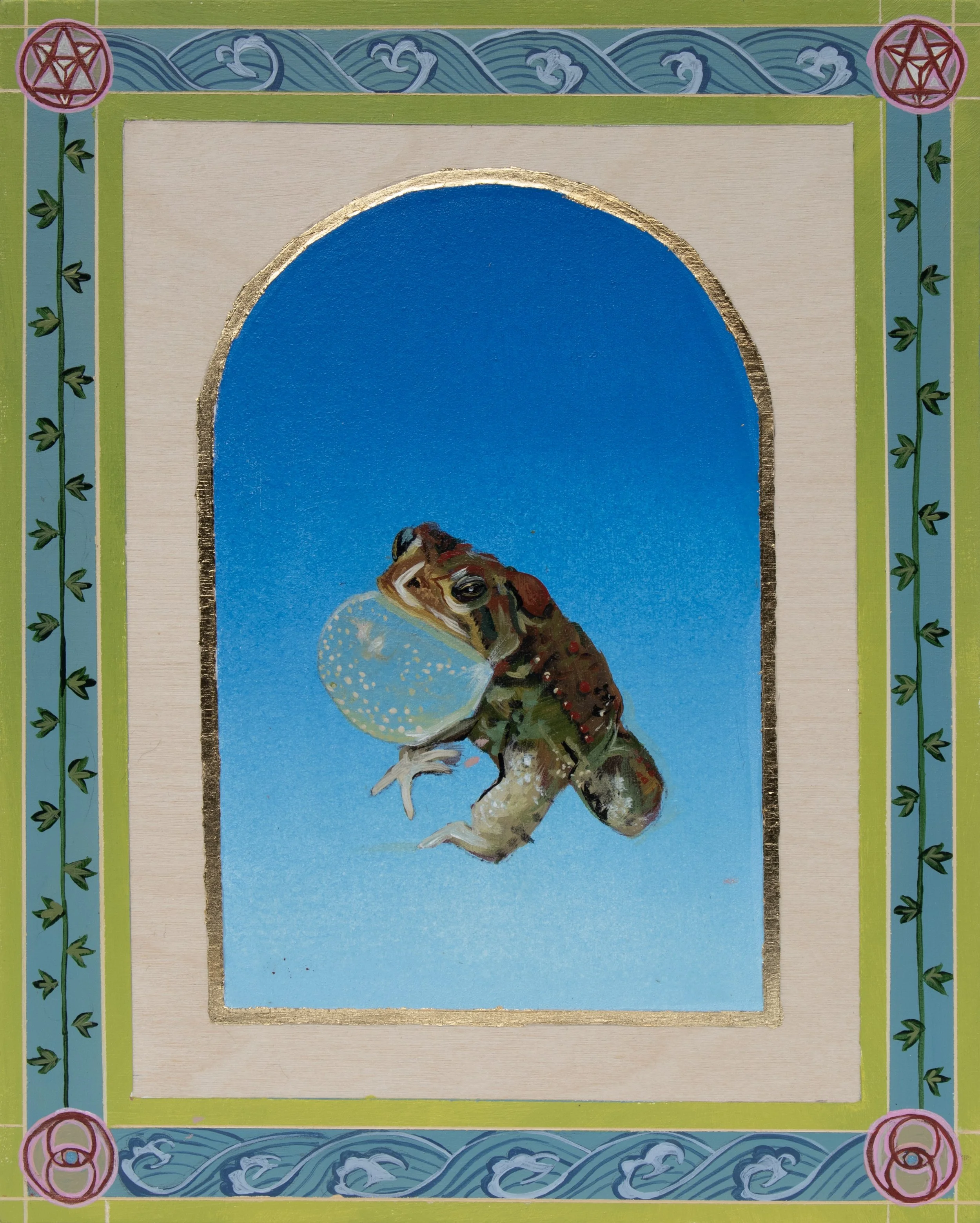 "Grandmother Toad." 8"x10". Acrylic and gold leaf on cradled birch board. 2025.