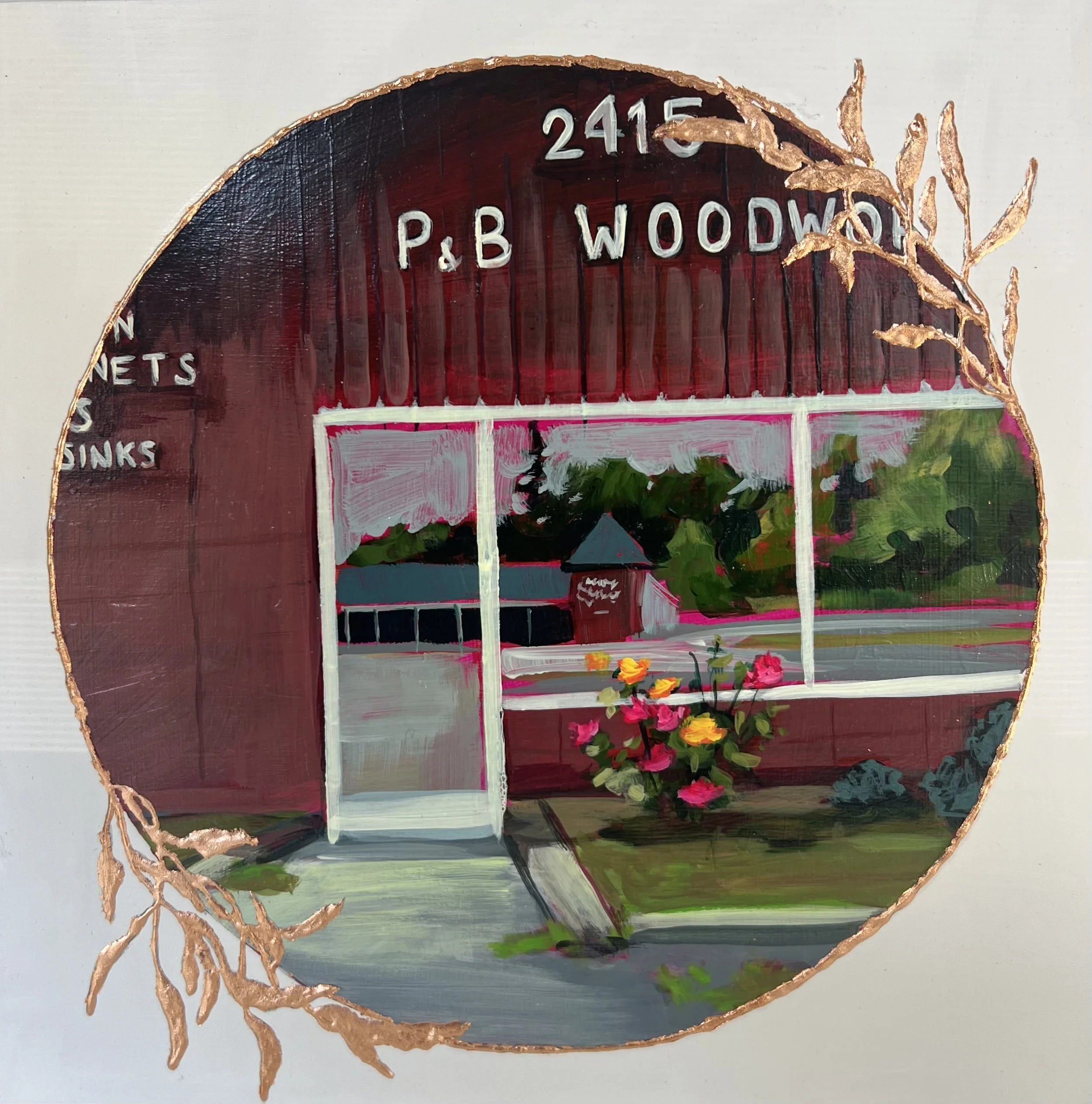 "P&B Woodworking". 10"x10". Acrylic and gold leaf on cradled birch board. 2025.