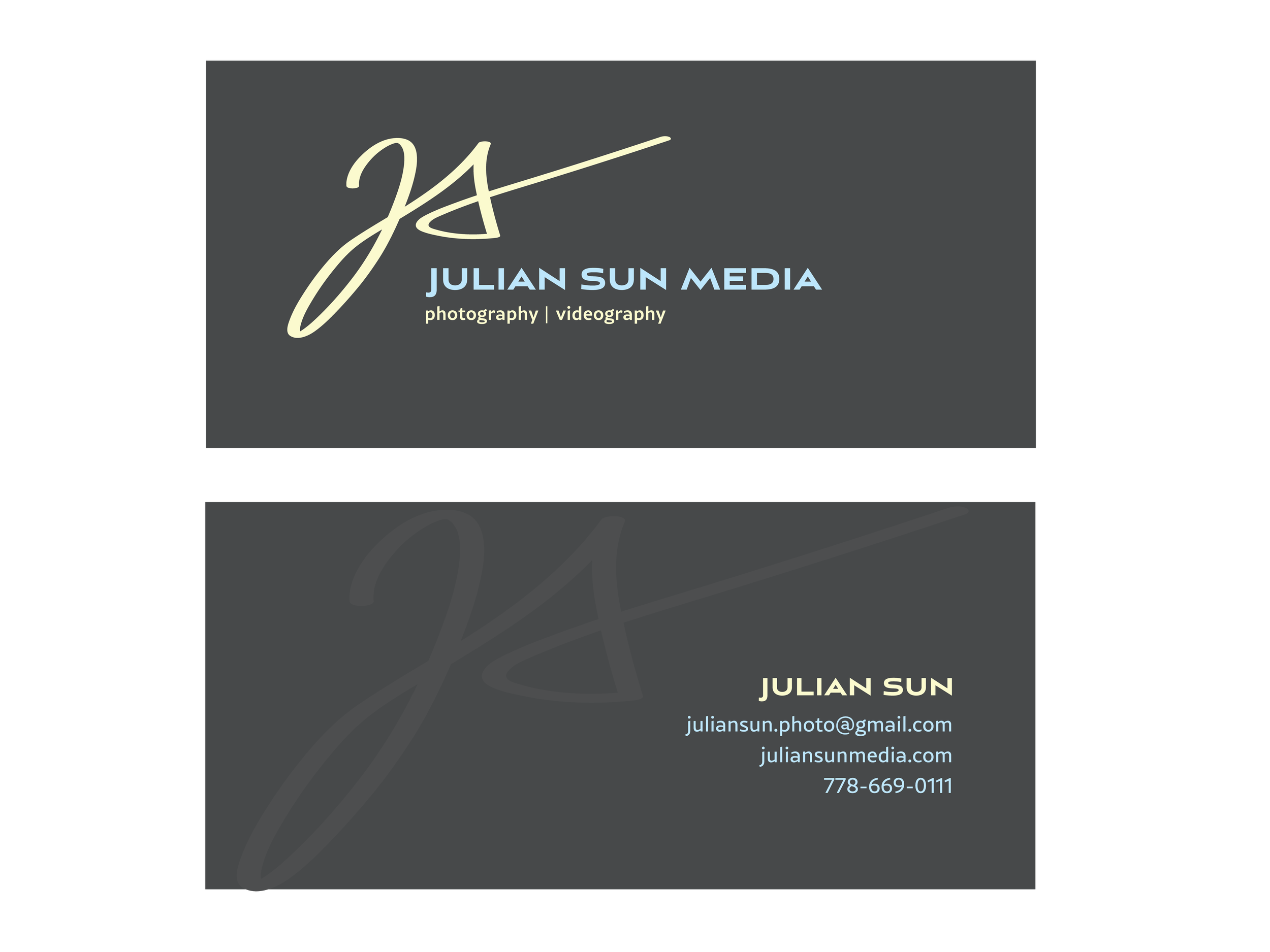 Applied Design: The business card is printed on a heavy 16pt black cardstock with an unconventional rectangular crop to create a distinct, premium tactile experience. The front layout features the monogram presented in a faint yellow hue, beautifully