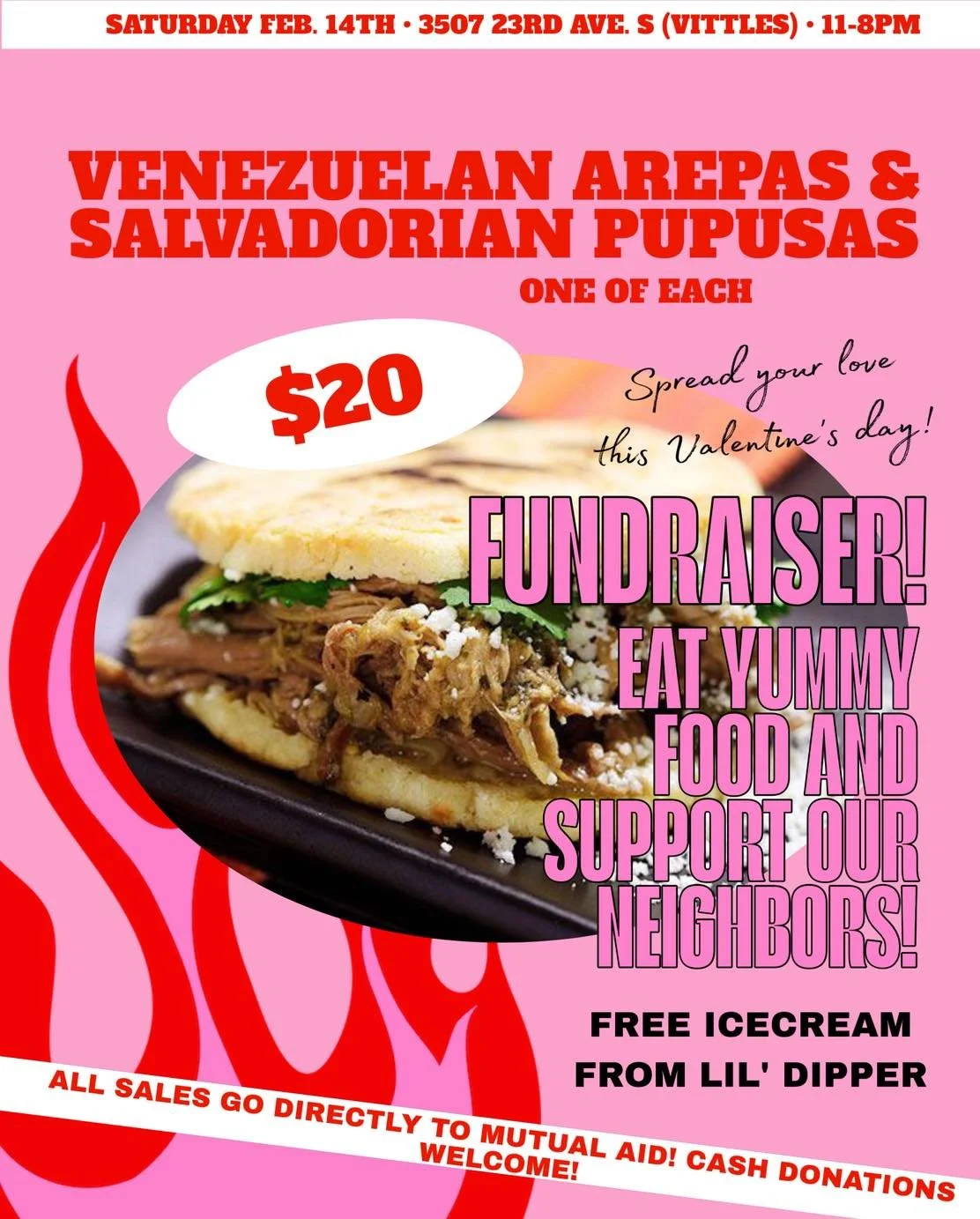 Free ice cream today , February 14th 11-8 or until we run out! Food packages, caramel Corn  and tshirts for sale. Support our neighbors, be in community! Awesome food. Bring your highest hopes and best energy! Hope to see you at Vittles 3507 23rd ave