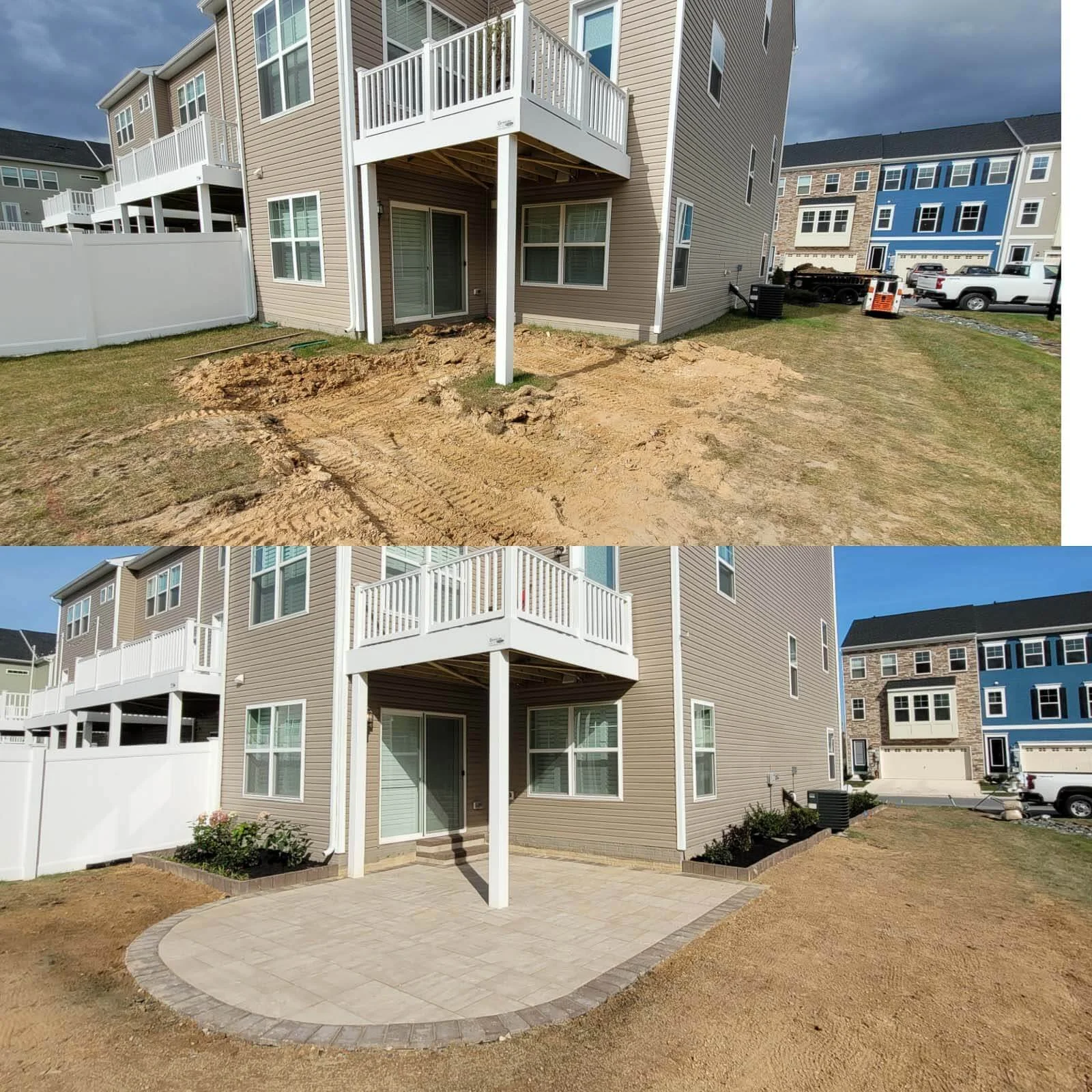 Comparison of backyard before and after patio installation, showing the house with a newly paved patio area and landscaped garden.