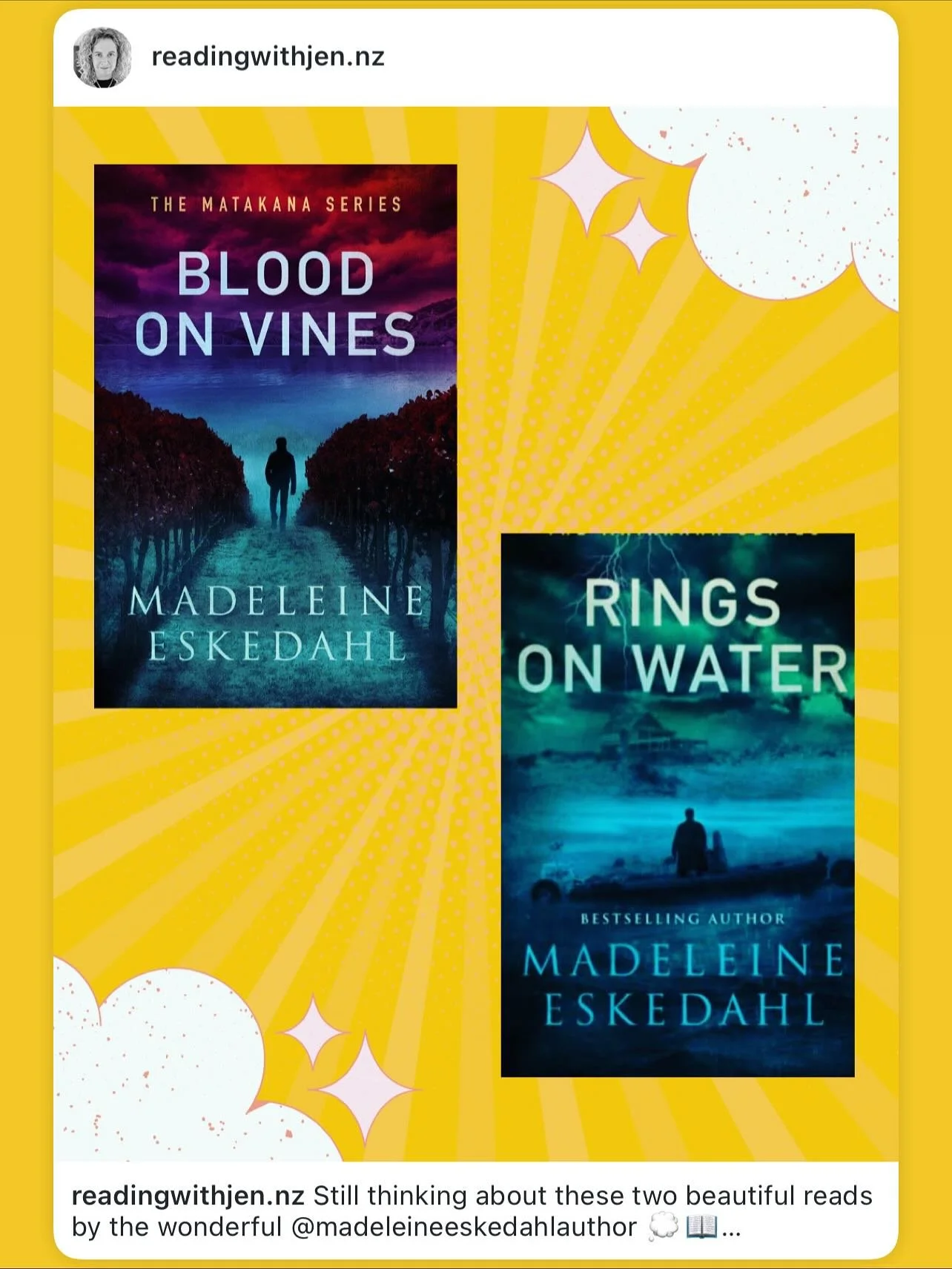 Repost @readingwithjen.nz . Wow you made my day Jen. So thrilled you enjoyed the NZ flavour of The Matakana Series 🥰. #bloodonvines #ringsonwater #angelsofclay #thematakanaseries #nzcrimefiction #bestsellers #madeleineeskedahl #bookstagram