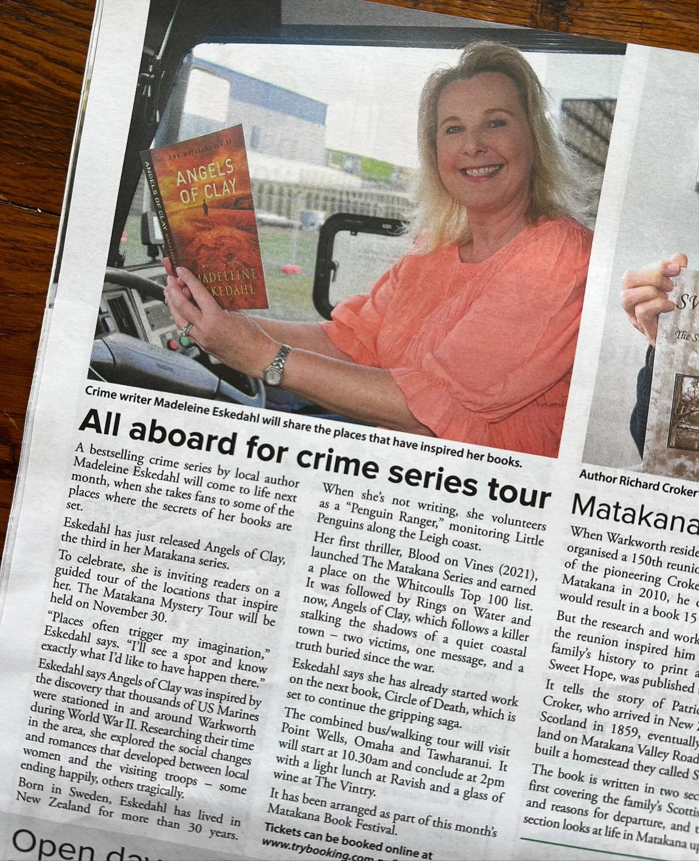 In this weeks issue of Mahurangi Matters😀. A wonderful piece on Angels of Clay and the Matakana Series Crime tour on the 30th of November. The tour includes a walking tour of Matakana, a bus tour of where some of the nefarious scenes of the book is 