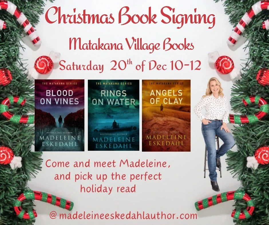 I&rsquo;m so looking forward to signing books and meeting readers @matakanavillagebooks on Saturday the 20th of December at 10-12. Hope to see you there 🎄🎄🎄🎄🎄. #bloodonvines #ringsonwater #angelsofclay #thematakanaseries #madeleineeskedahl #nzcr