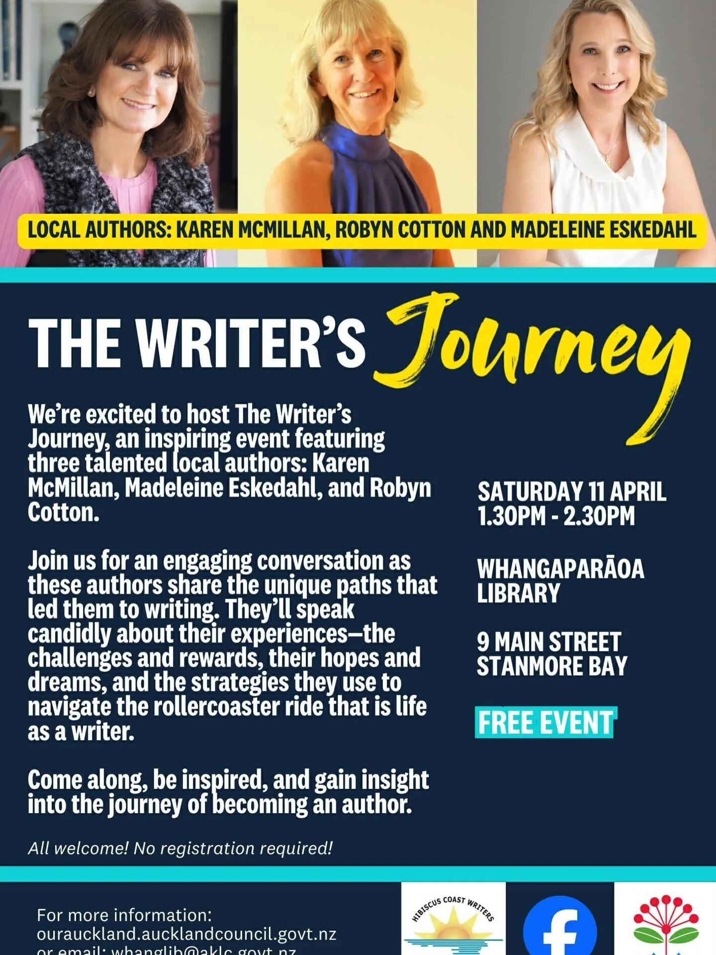 I&rsquo;m looking forward to this fun event with @karenmcmillanauthor &amp; @robyn_who_writes on Sat 11th of April. Hope to see you there 😃.
#thewritersjourney #madeleineeskedahl #karenmcmillanauthor #robyncotton #aucklandlibraries