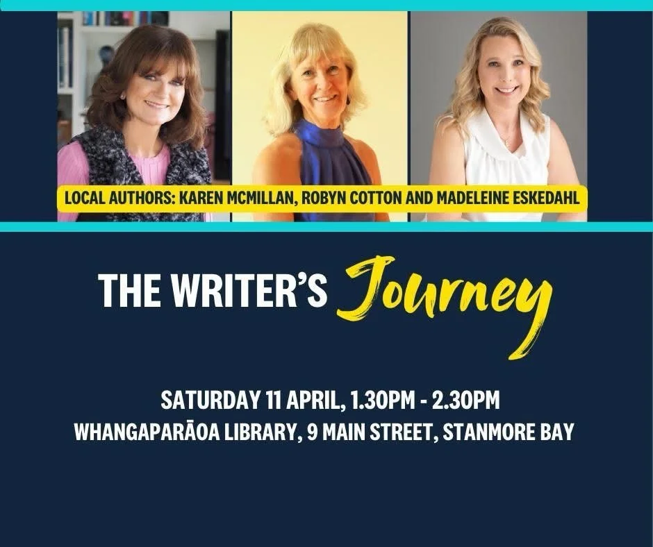 Tomorrow Saturday @whangaparaoalibrary Hope to see you there. 😊. Together with the Hibiscus Coast Writers, we are excited to host The Writer&rsquo;s Journey, an inspiring event featuring three talented local authors: Karen McMillan, Madeleine Eskeda