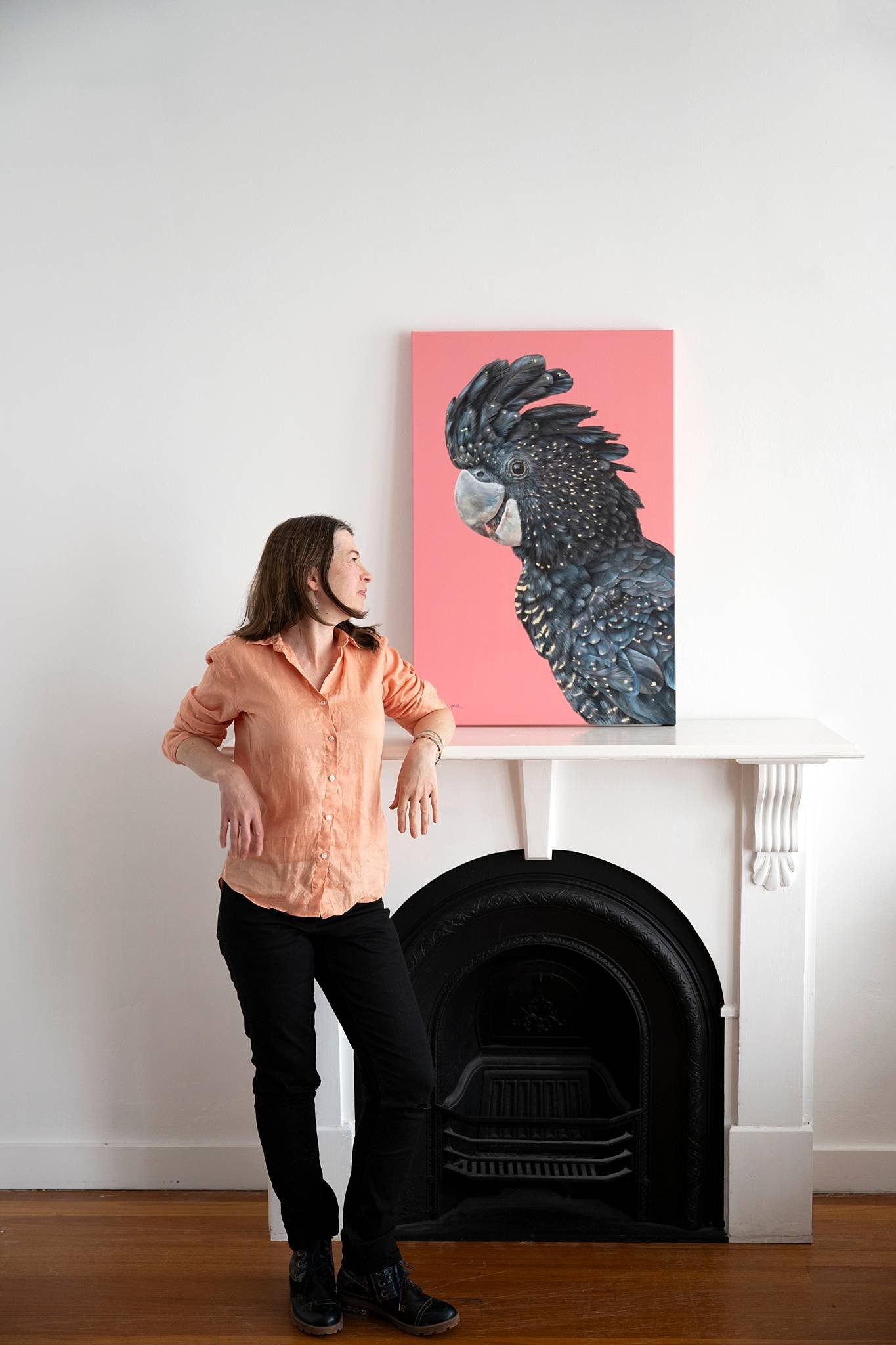 Artist Marie Claire Colyer With Original Acrylic Painting Pink Rebellion Female Red Tailed Black Cockatoo