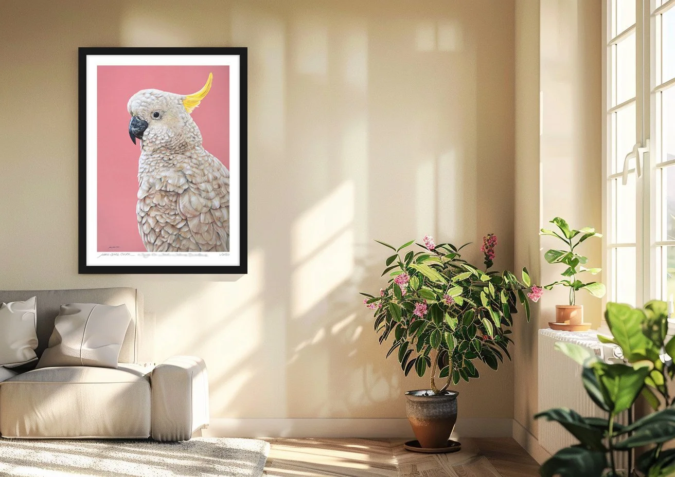 Pastel Portrait - Sulphur-crested Cockatoo -Charlie print of painting by Marie-Claire Colyer framed LE print in situ