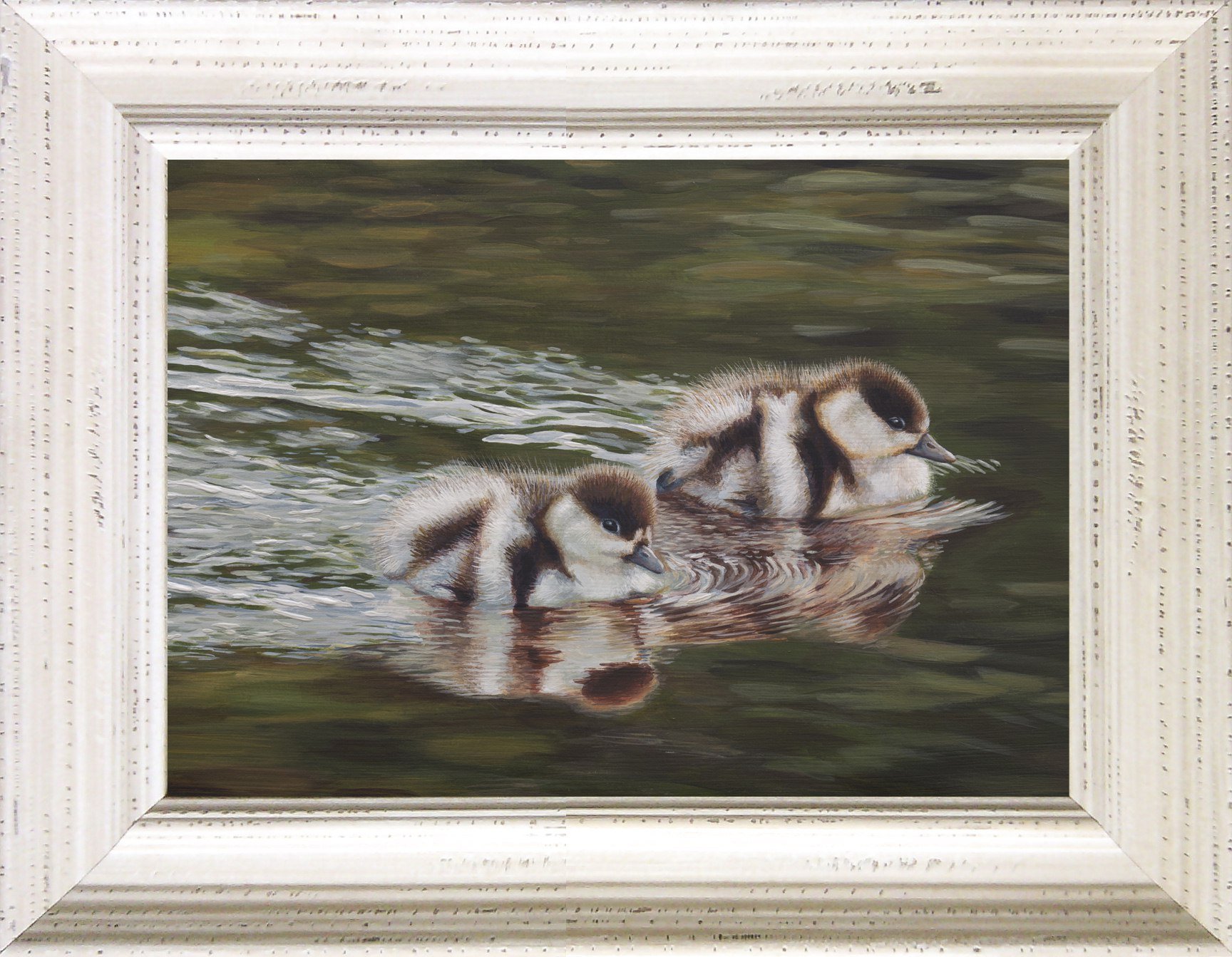 Hastening - Paradise Shelduck Ducklings painting by Marie-Claire Colyer cream frame_WEB.jpg