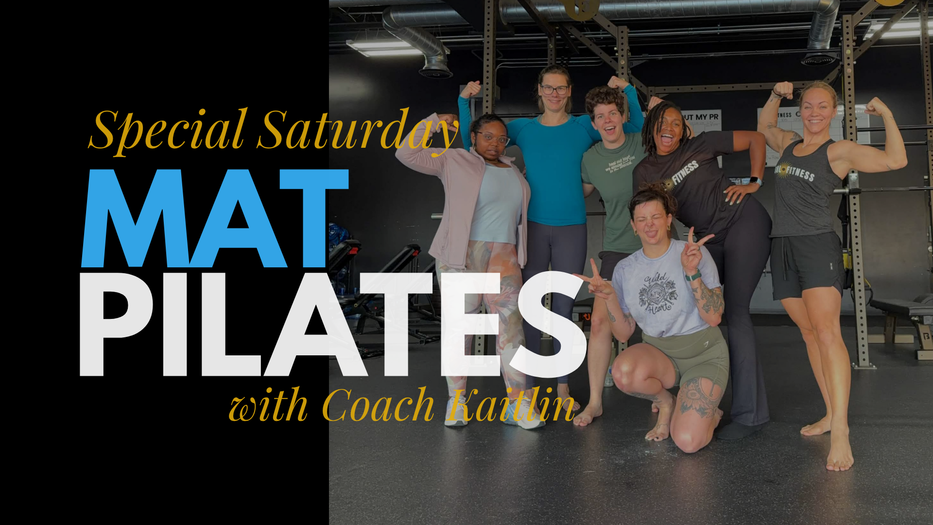 Coach Kaitlin leading a group of students through a Mat Pilates class on exercise mats at Sol Fitness in Lexington, Kentucky.