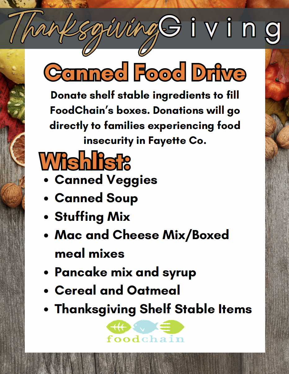 FoodChain wish list for Pay-With-a-Can Mat Pilates: canned vegetables, pumpkin, and soup, stuffing, meal mixes, cake mixes, pancake mix, cereal, and oatmeal.