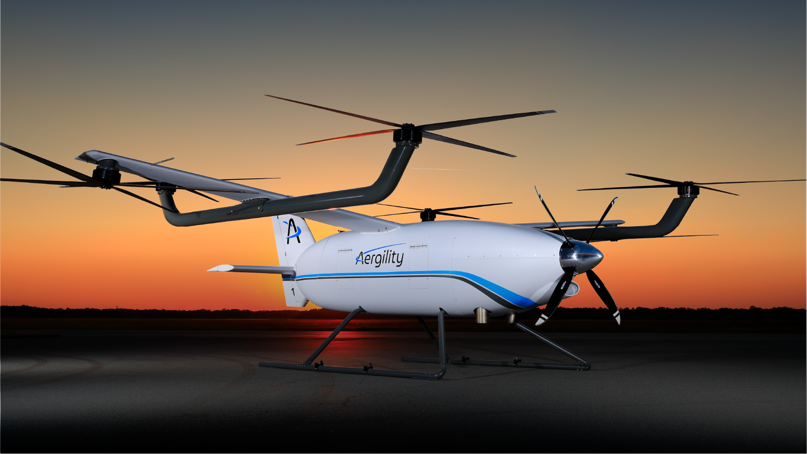 Aergility Managed Autorotation℗ technology. Hauler eVTOL platform. Electric vertical takeoff and landing aircraft on runway at sunset.