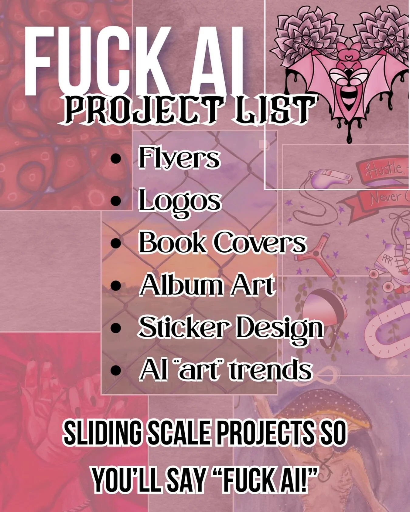 I&rsquo;ve got to be honest, I&rsquo;m just really fucking tired of seeing AI bullshit. Here&rsquo;s a list of things I&rsquo;m willing to take on so I don&rsquo;t have to. Sliding scale because this is my job, but PLEASE dm for a quote! Support real