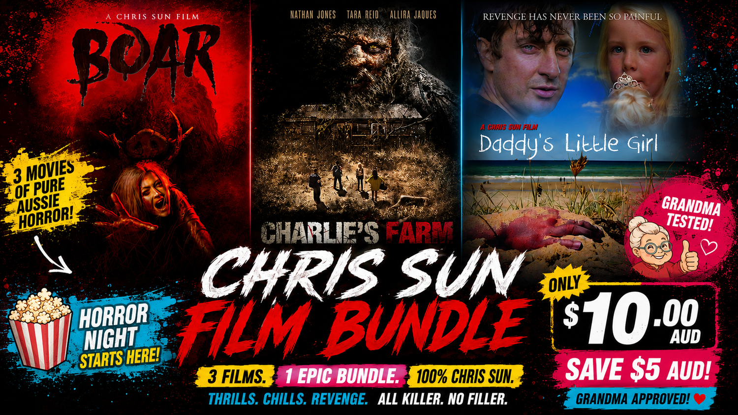 The Chris Sun film bundle: Boar, Charlie's Farm and Daddy's Little Girl