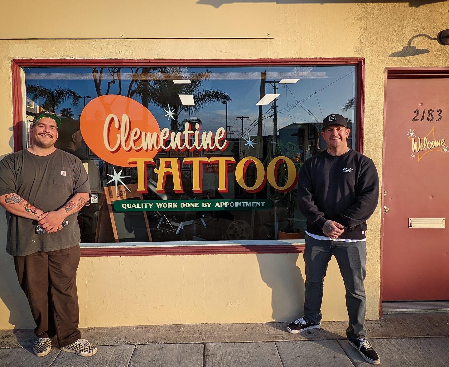 Very excited to announce that we finally have some proper signage thanks to @nacho_average_signs you did a great job Mike!! We are beyond stoked! Thanks again! #handpaintedsigns #windowsign #tattoosign #handlettering #reversepainting #welcometoclemen