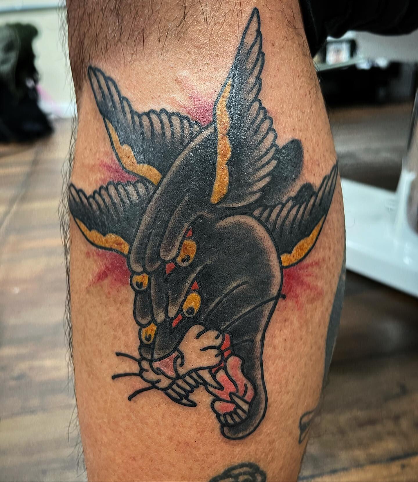 Here&rsquo;s an American traditional inspired panther tattoo that @kd1904 made on @tapateo_ over the weekend!  Great meeting you Aaron.  Thanks so much for trusting us and for the delicious beers! More American Traditional please!  Clementinetattoo.c