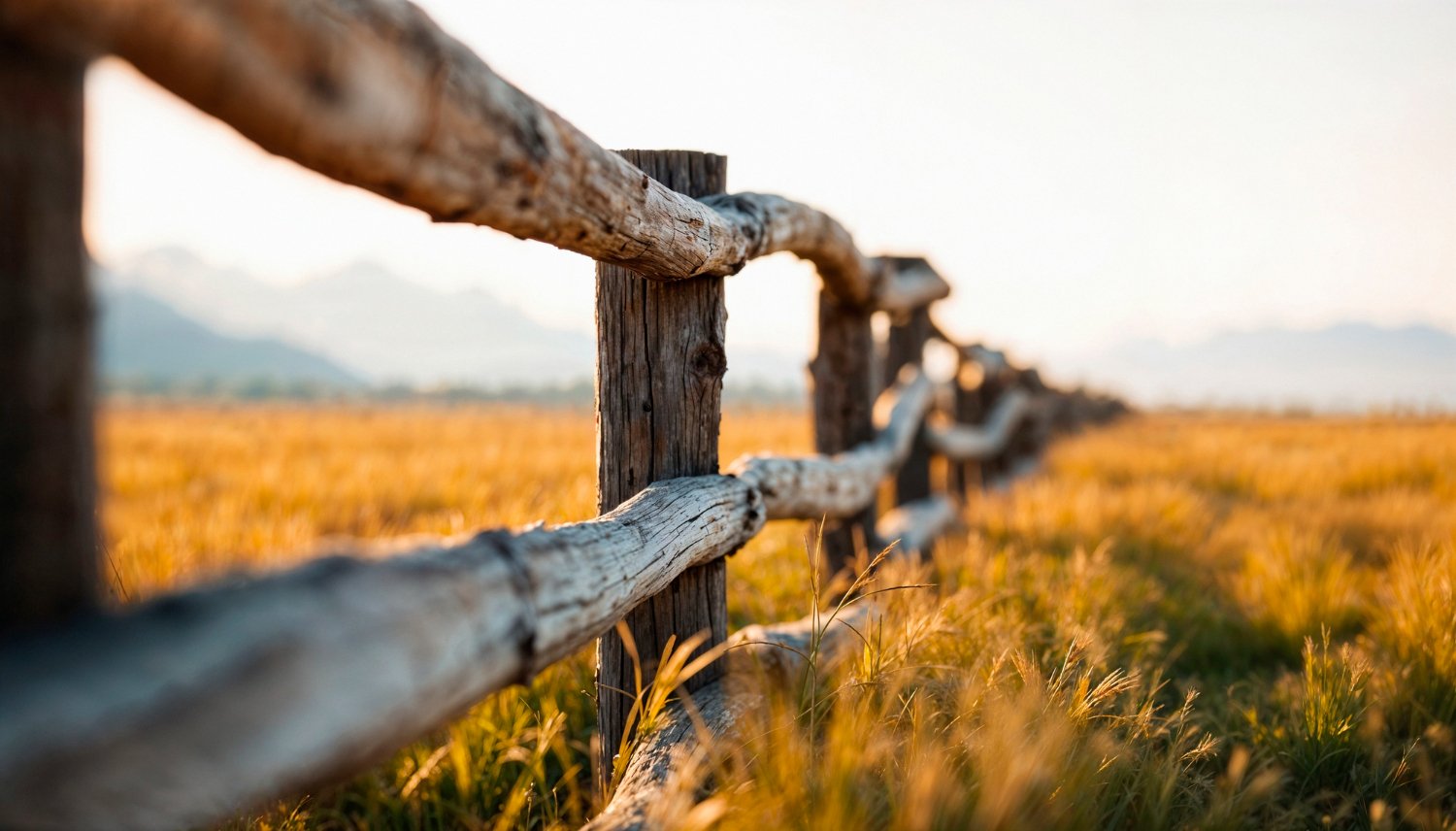 Close-up of a rustic wooden fence running through a field at sunset, with mountains in the distant background.