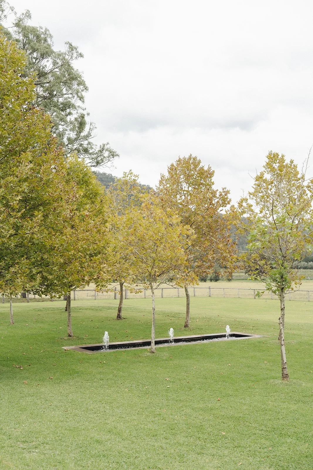 The fountain and surrounding hills at Krinklewood Estate, set against the Hunter Valley landscape.