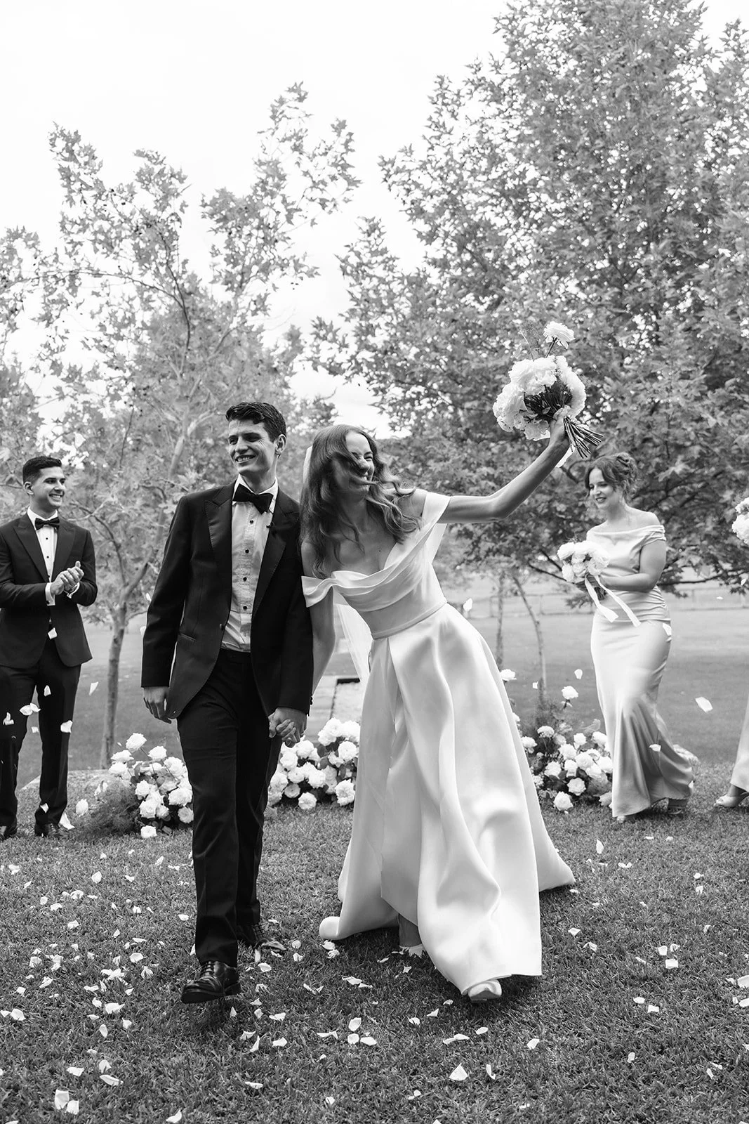 The couple walking back down the aisle following their ceremony at Krinklewood Estate.