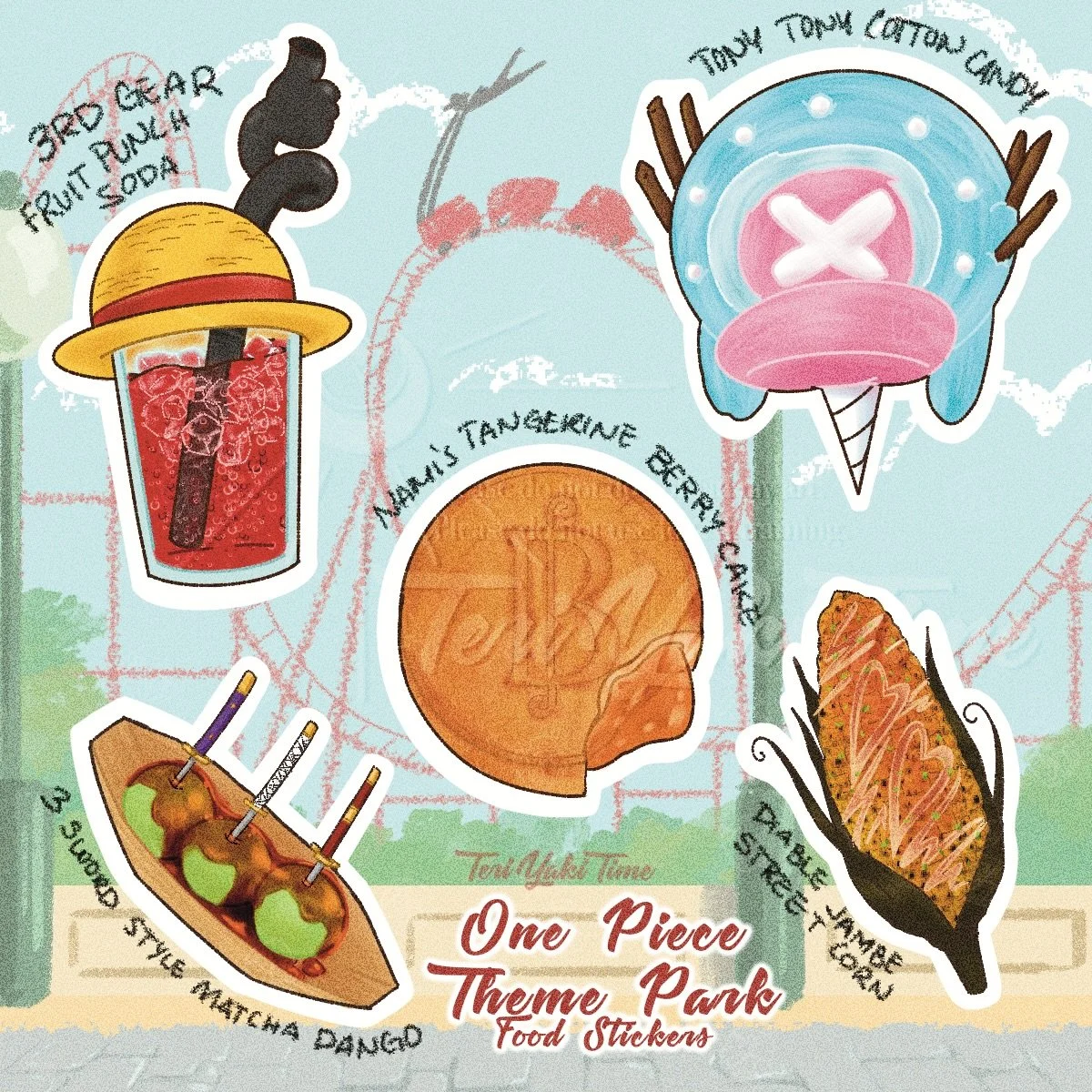 The next food sticker sheet is done! I had so much fun coming up with theme park foods for the one piece crew :) of course that&rsquo;s only a couple of them, so I&rsquo;ll definitely have more down the line. But the next set I&rsquo;m working on wil