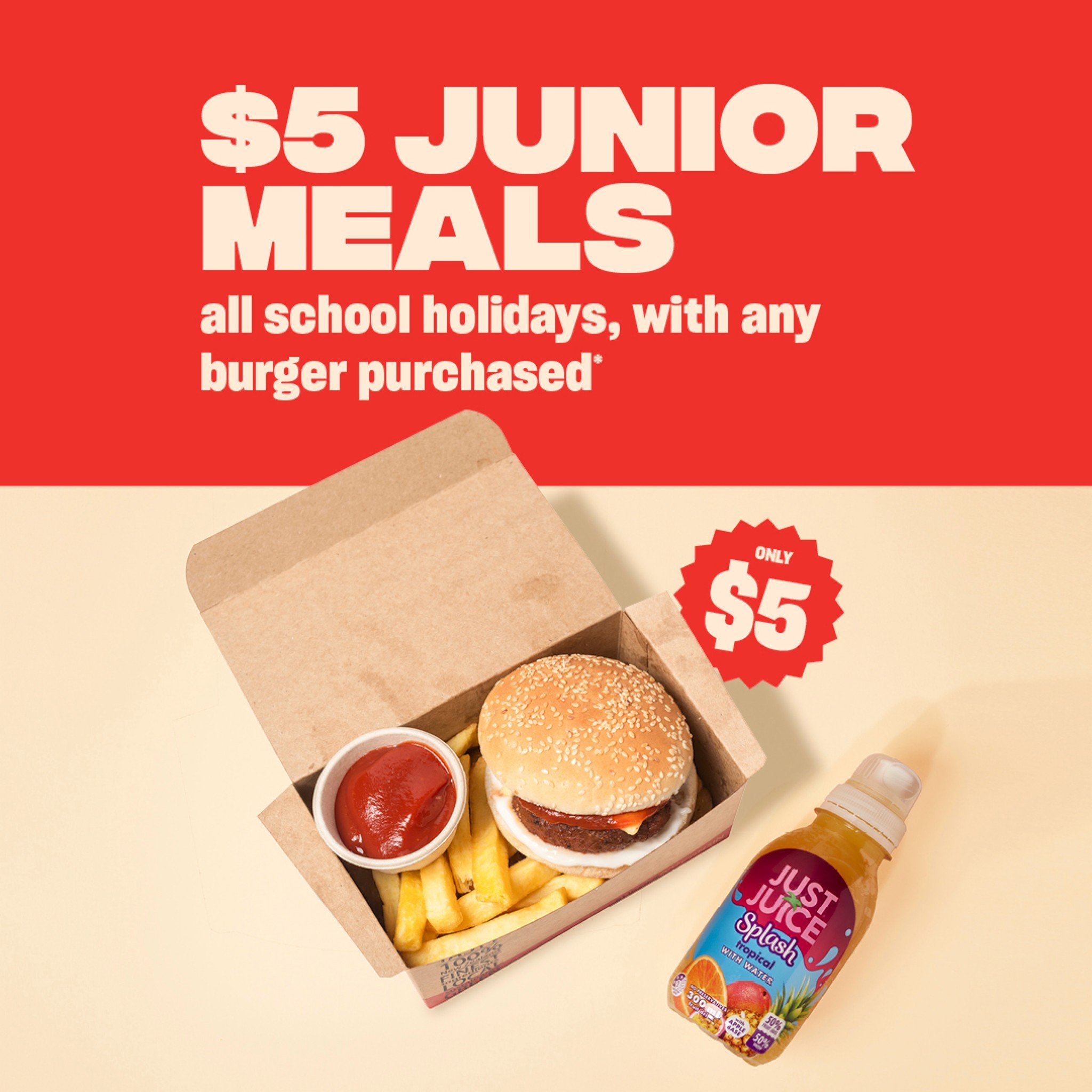 Get off dinner duty these school holidays! 
$5 Junior Meals with any petite or grand burger purchase. Choose from Cheeseburger, Chicken Burger, Vege Burger or Mac &amp; Cheese Bites. 

#schoolholidaydeals #juniormeals
.
.
.
T&amp;Cs Apply. Subject to